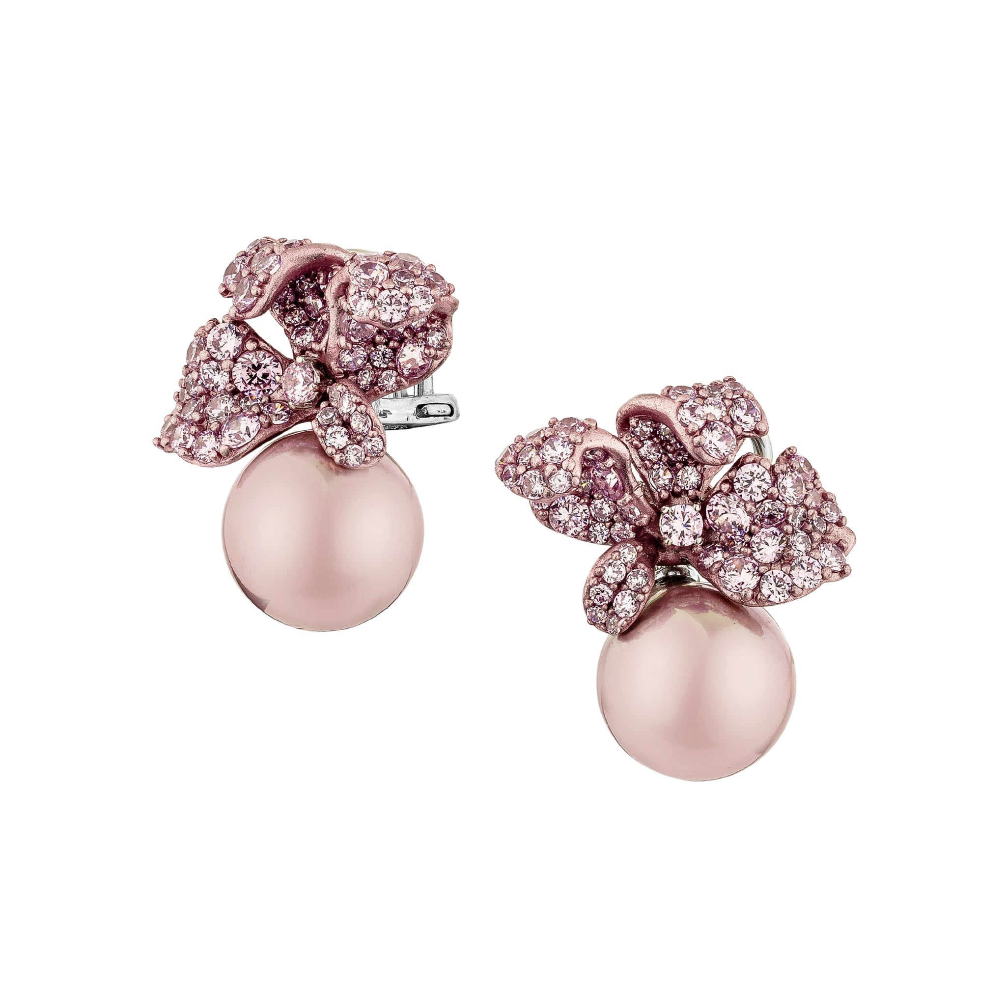 925SL FLOWER ALUMINIUM PINK CZ AND PEARL PINK EARRINGS - C'SANTOS