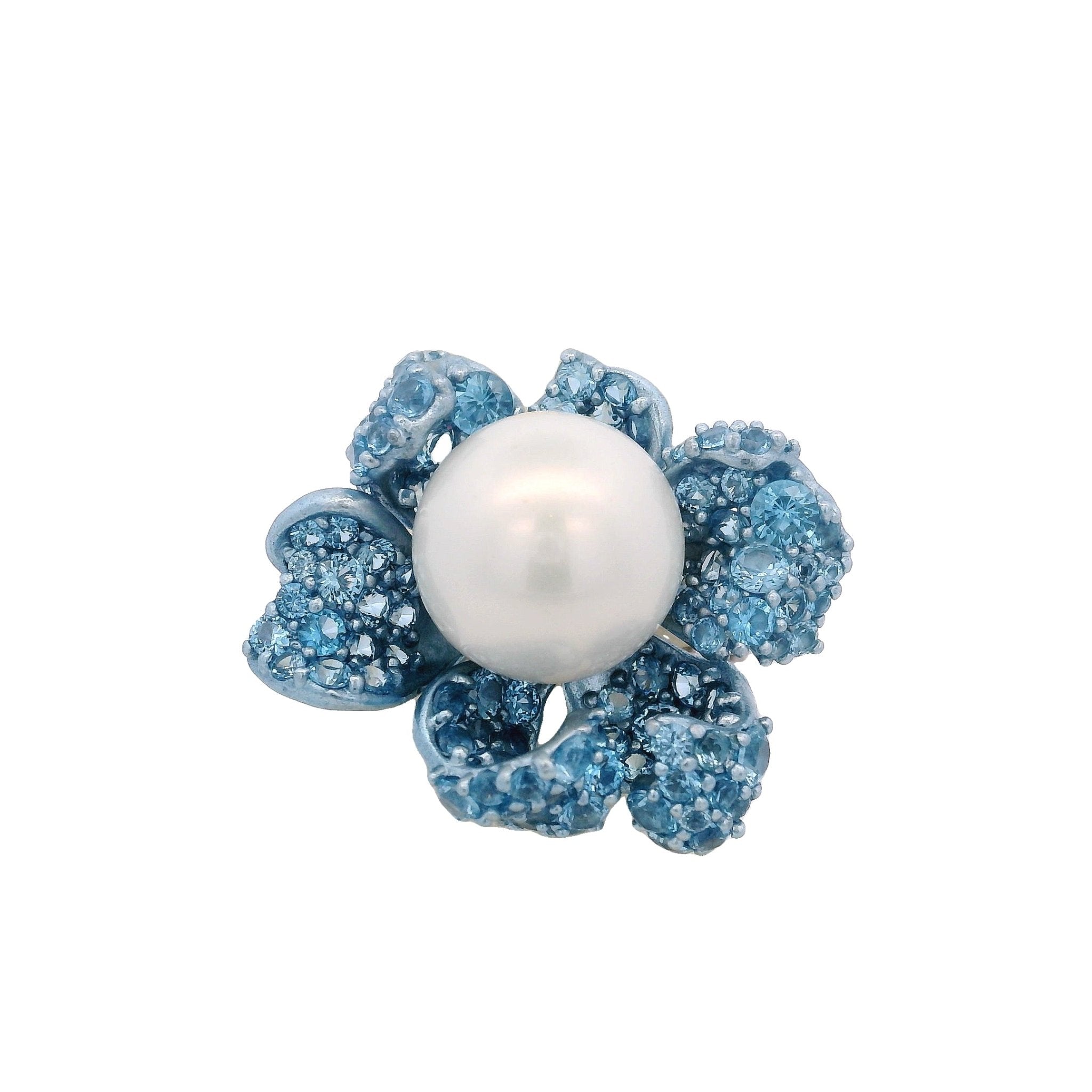925SL FLOWER BLUE CENTER PERL AND BLUE TOPAZ RING T7 - C'SANTOS