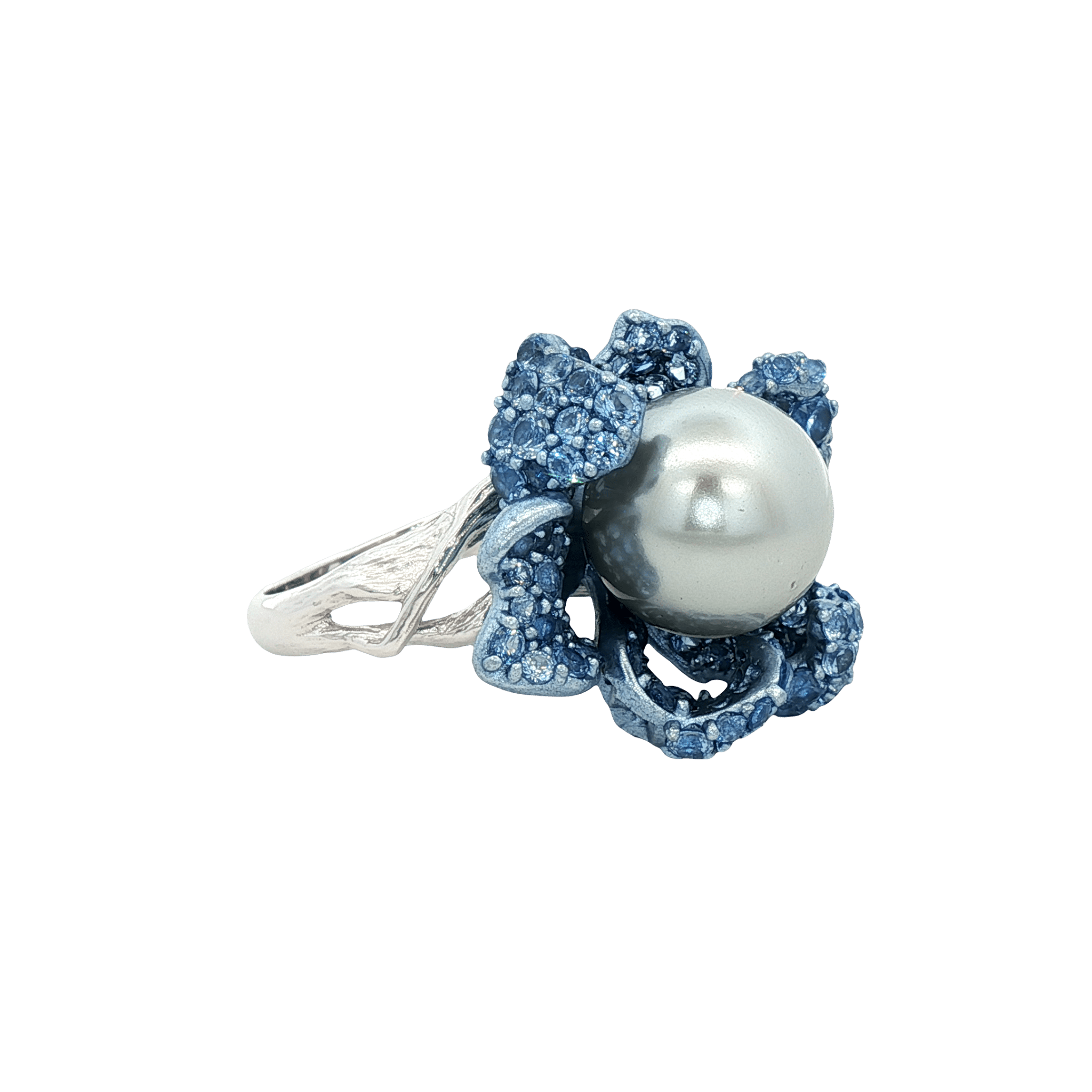 925SL FLOWER BLUE PAVE CENTER PEARL AND TOPAZ BLUE CZ RING T7 - C'SANTOS