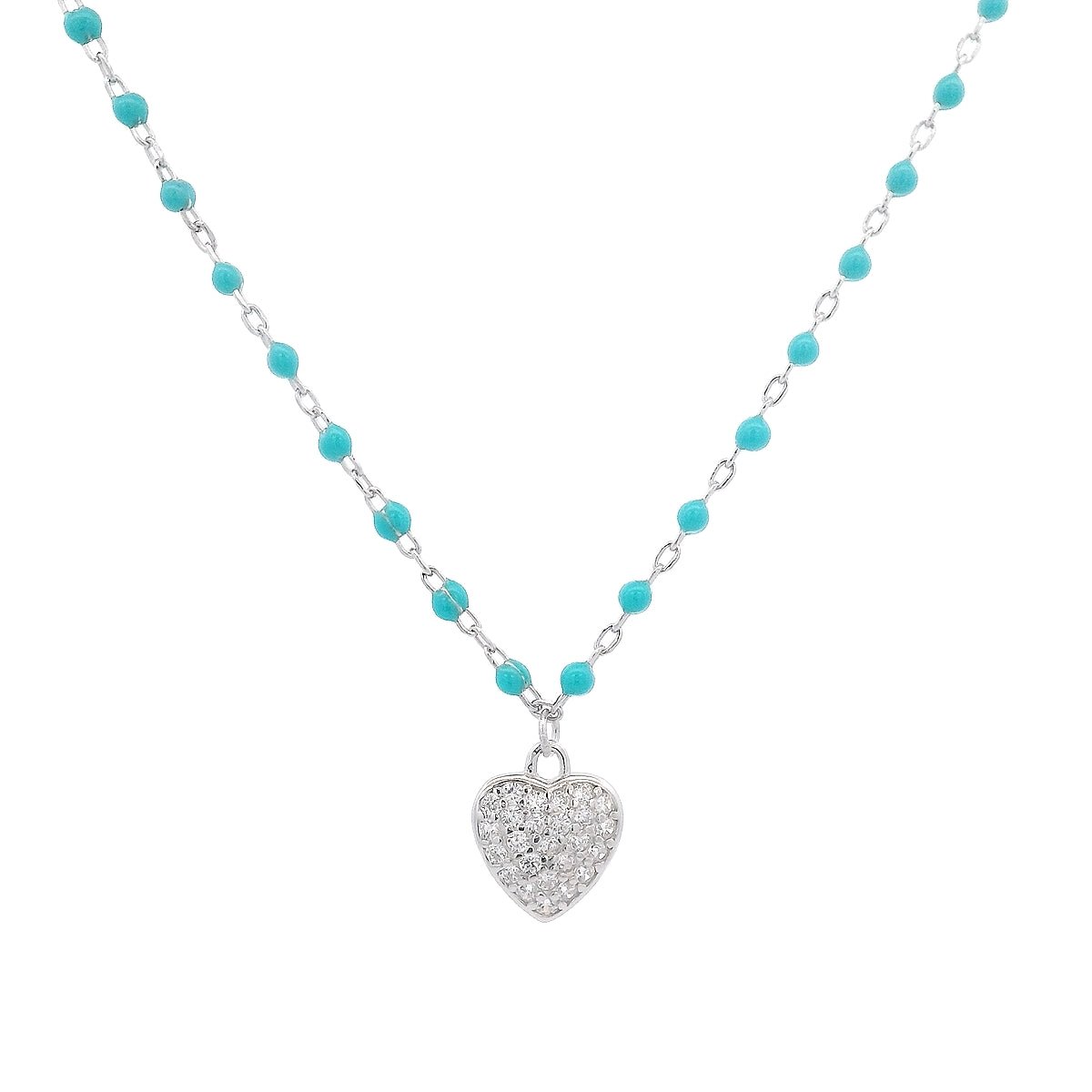 925SL HEART PAVE CZ AND BEAND ENAMEL AQUA NECKLACE - C'SANTOS