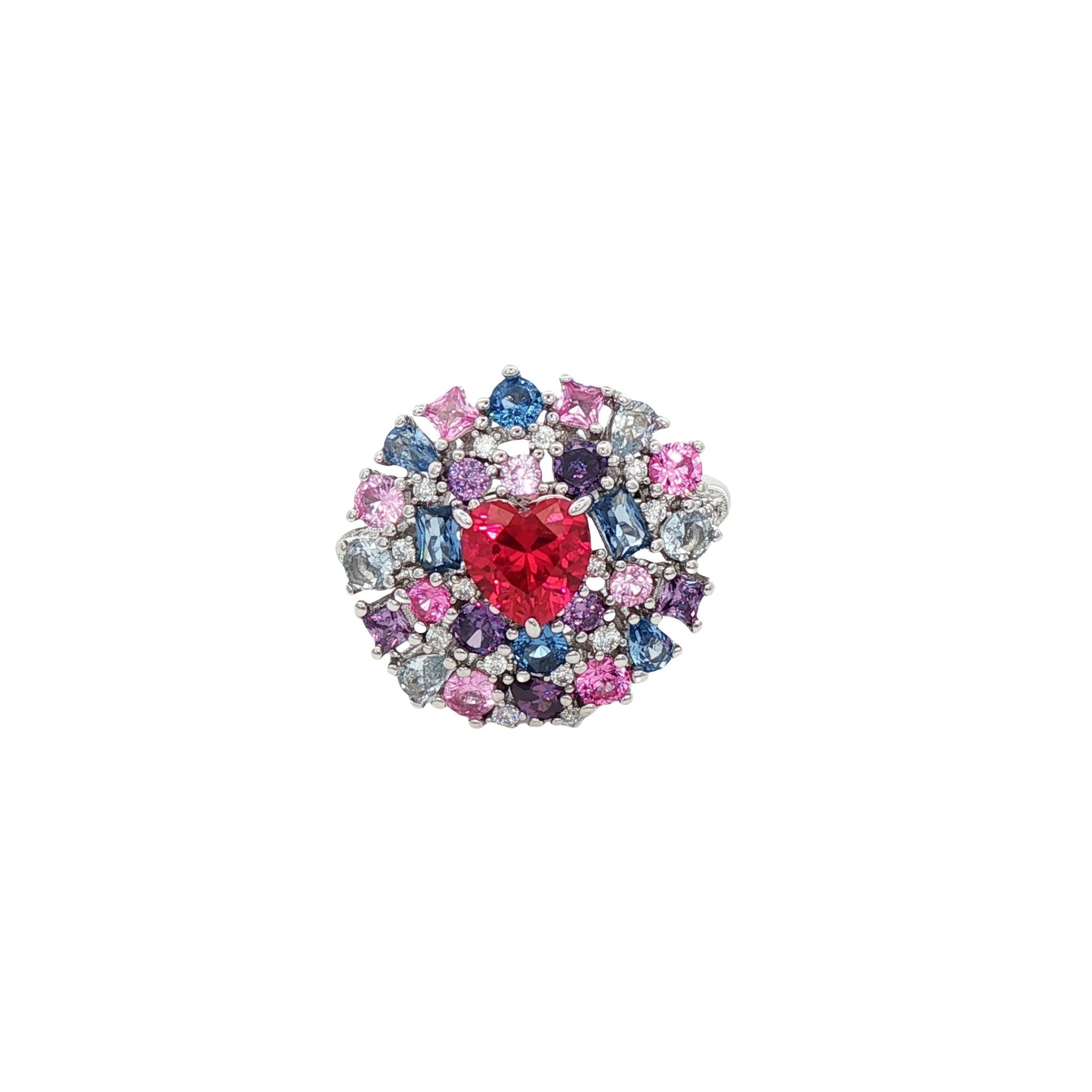 925SL HEART RED WITH CLUSTER MULTICOLOR CZ RING - C'SANTOS