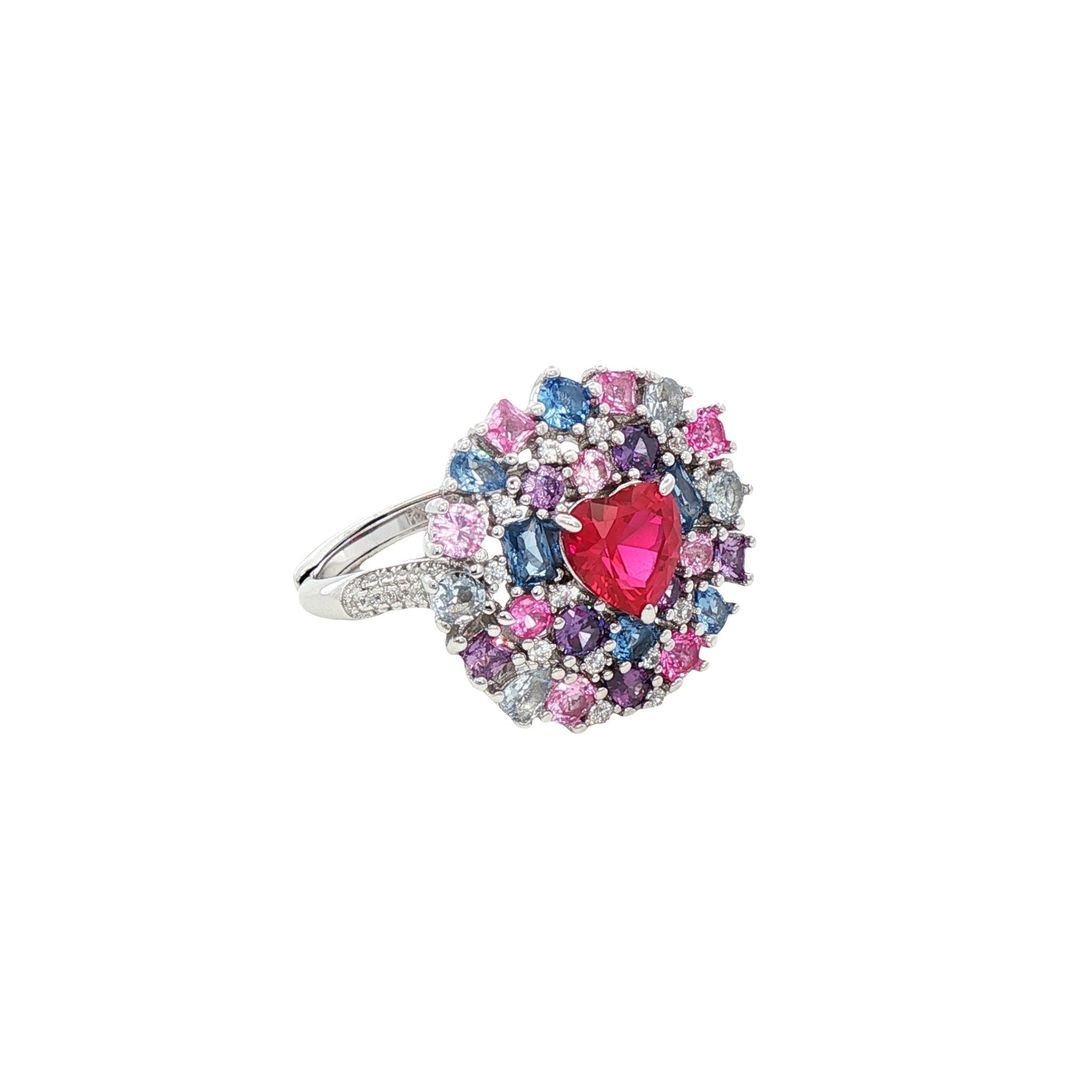 925SL HEART RED WITH CLUSTER MULTICOLOR CZ RING - C'SANTOS
