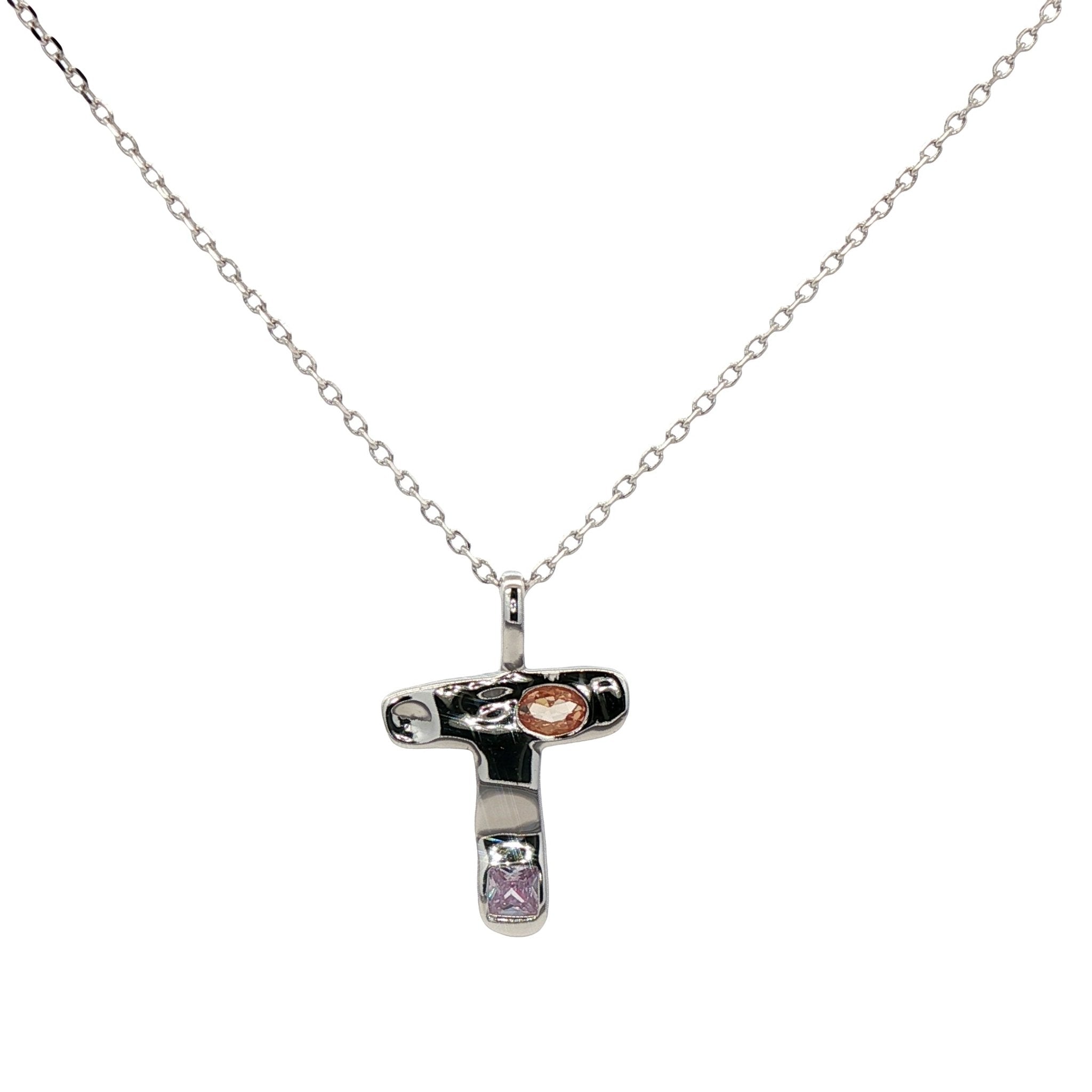 925SL INICIAL T MULTICOLOR CZ NECKLACE - C'SANTOS