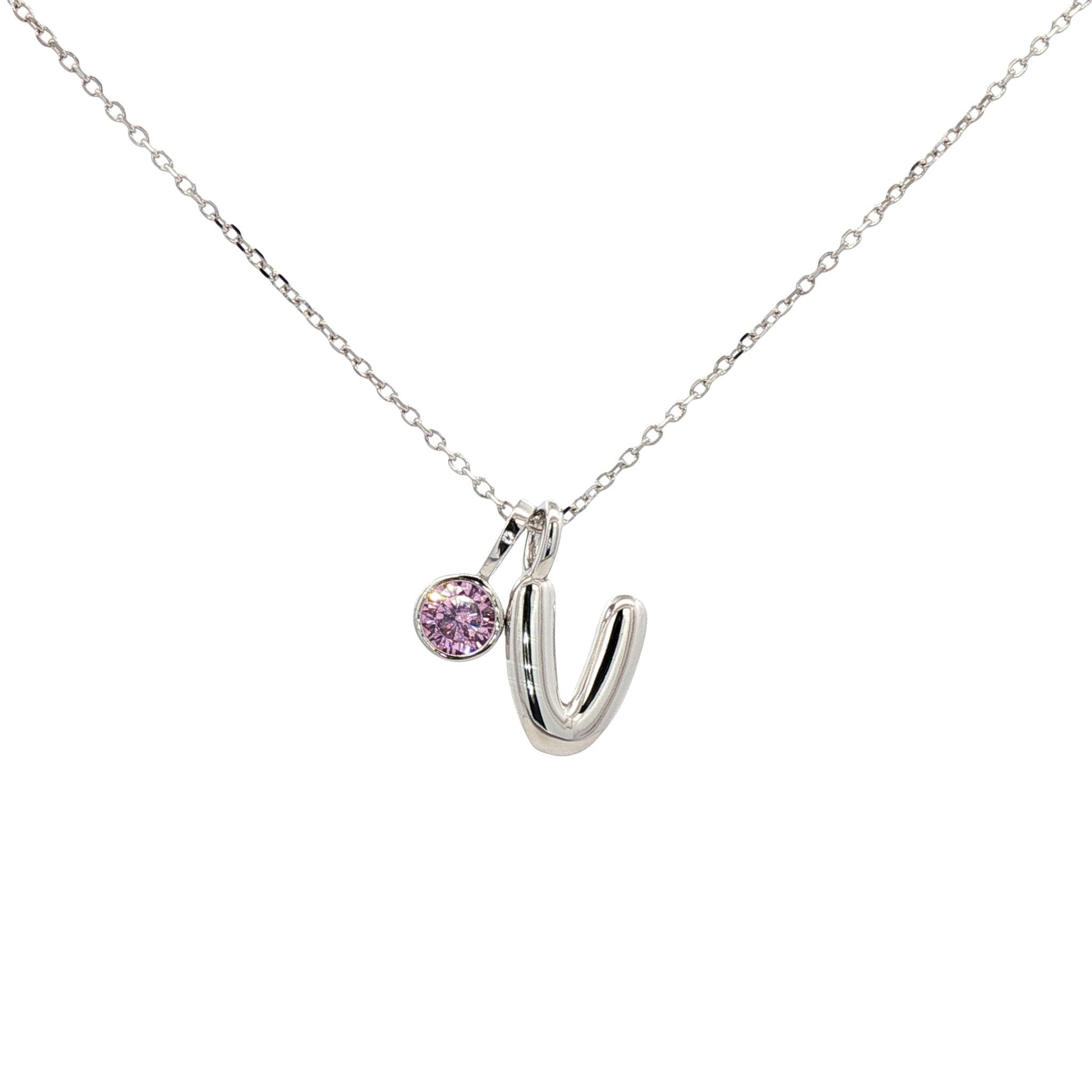 925SL INICIAL V PINK CZ PENDANT NECKLACE - C'SANTOS