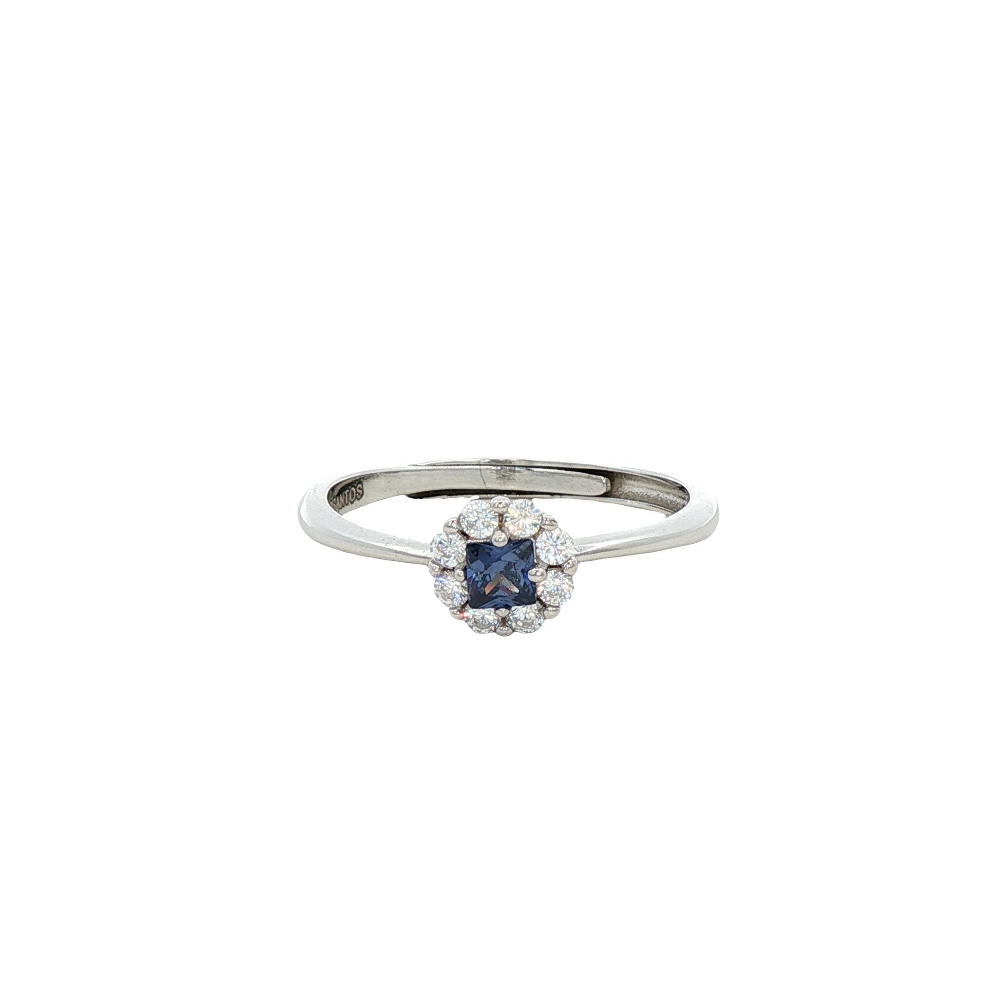 925SL ROUND HALO WHITE CENTER BLUE CZ STUD RING - C'SANTOS