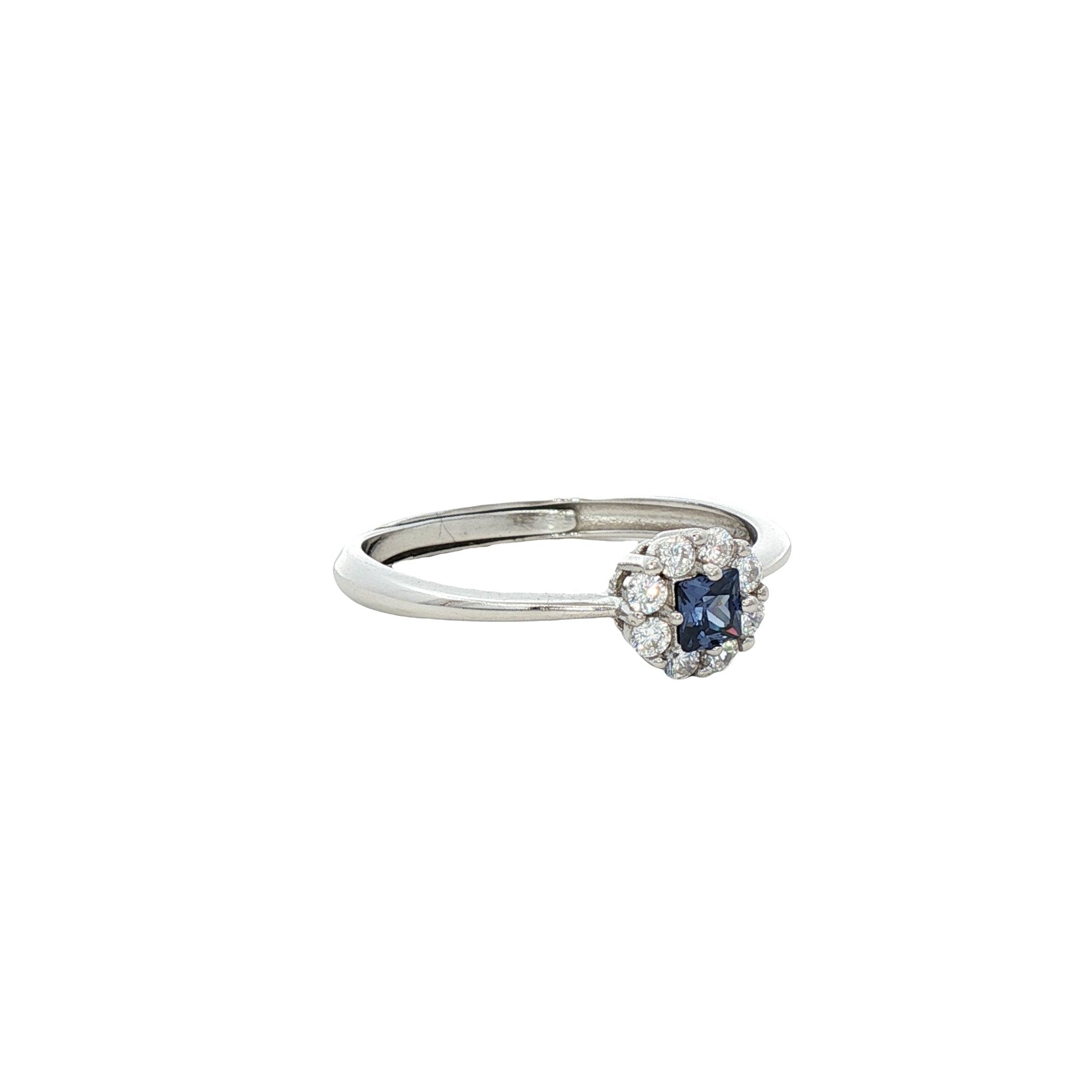 925SL ROUND HALO WHITE CENTER BLUE CZ STUD RING - C'SANTOS