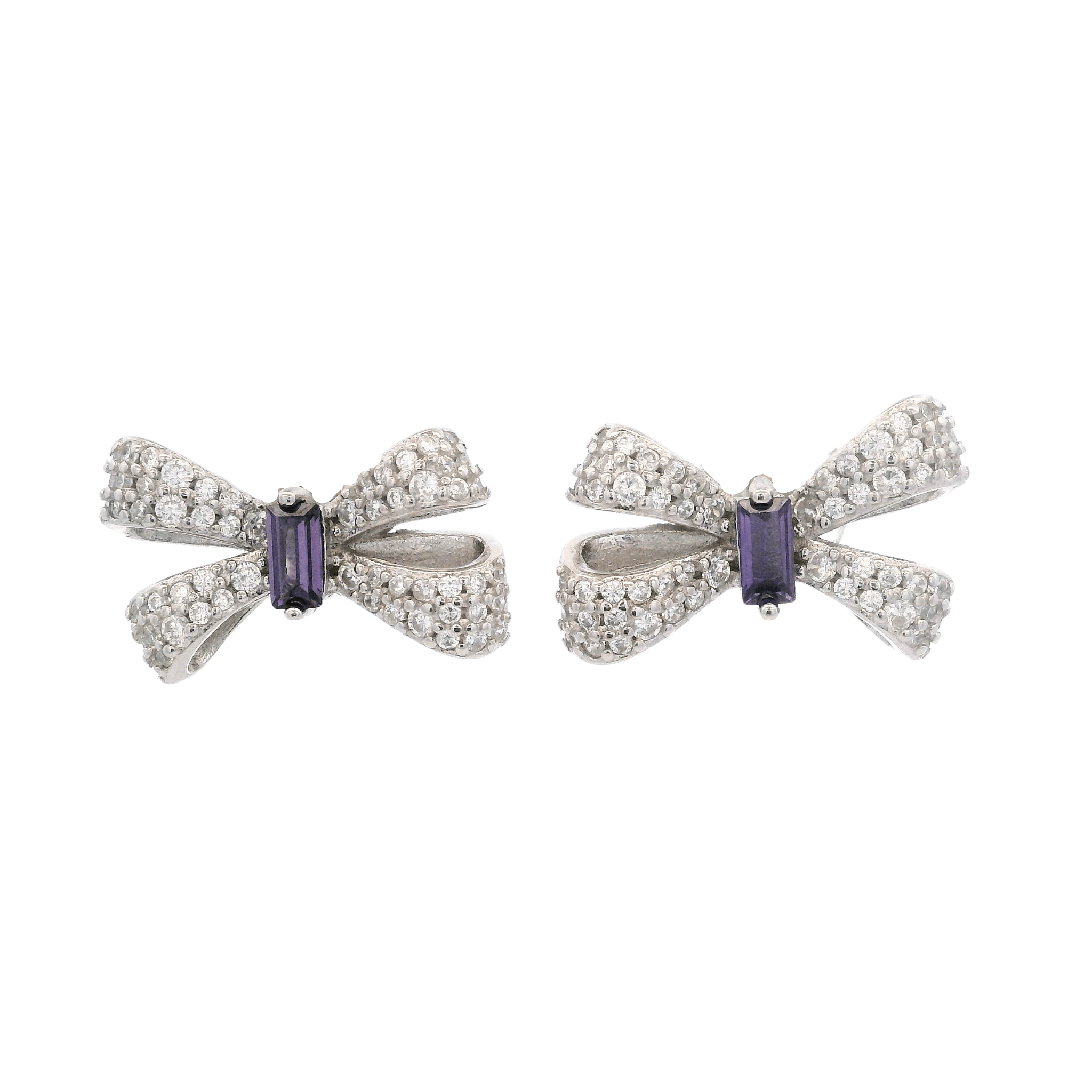 925SL SMALL BOW PAVE CENTER CZ PURPLE EARRINGS - C'SANTOS