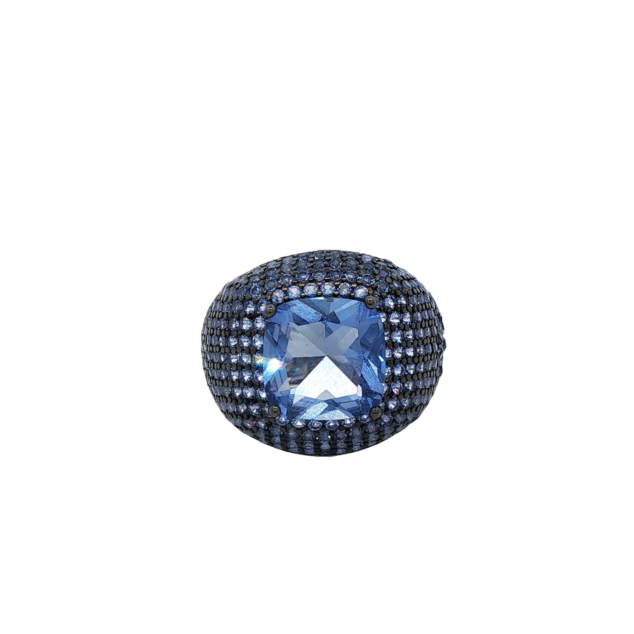 925SL SQUARE AND HALO PAVE BLUE CZ RING - C'SANTOS