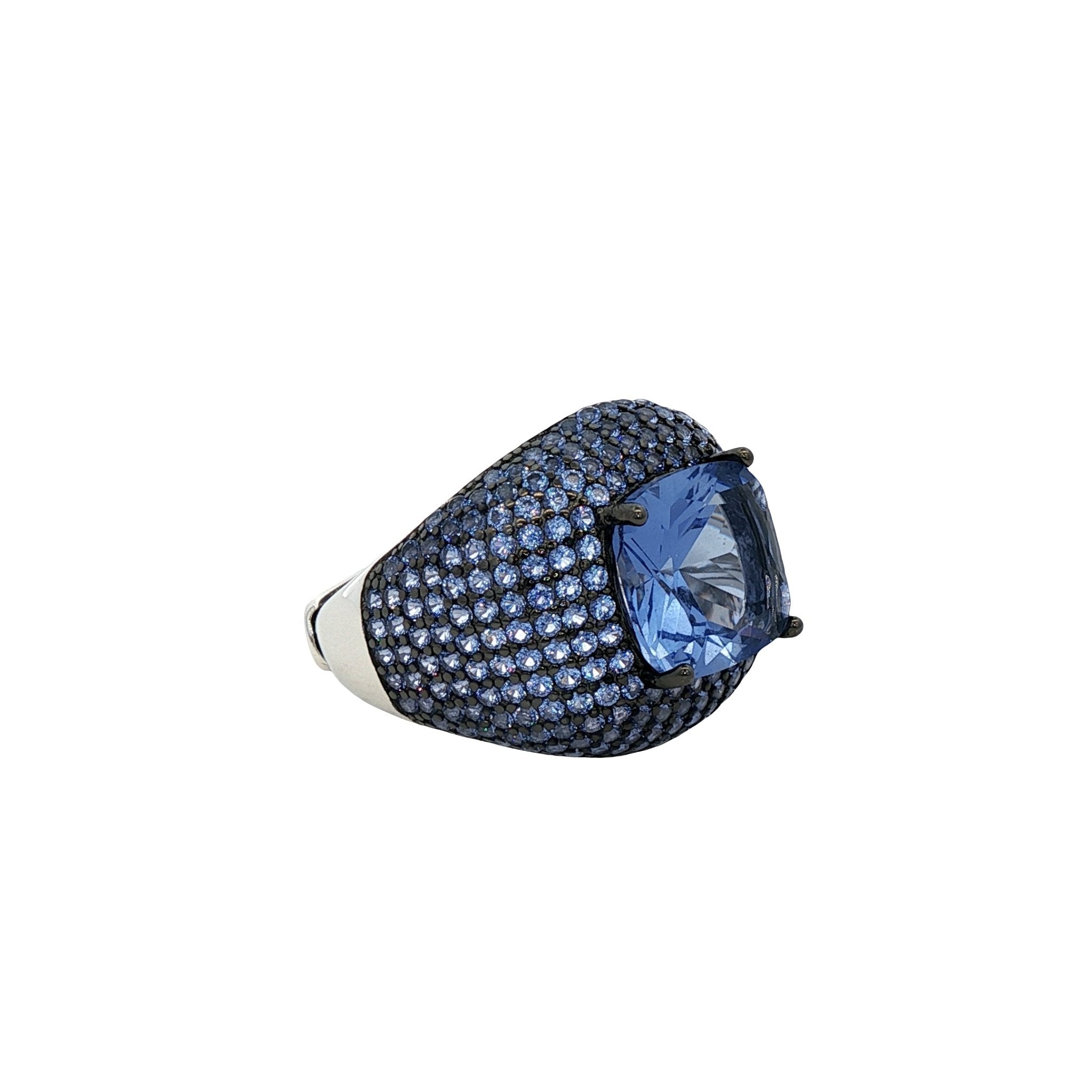 925SL SQUARE AND HALO PAVE BLUE CZ RING - C'SANTOS