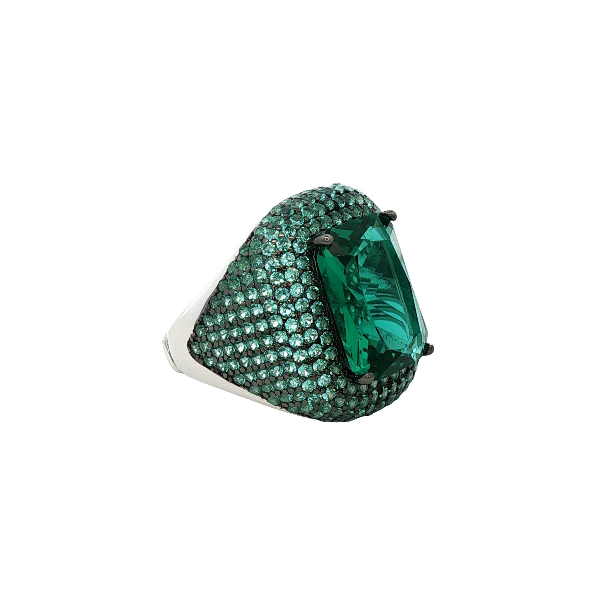 925SL SQUARE AND HALO PAVE GREEN CZ RING - C'SANTOS