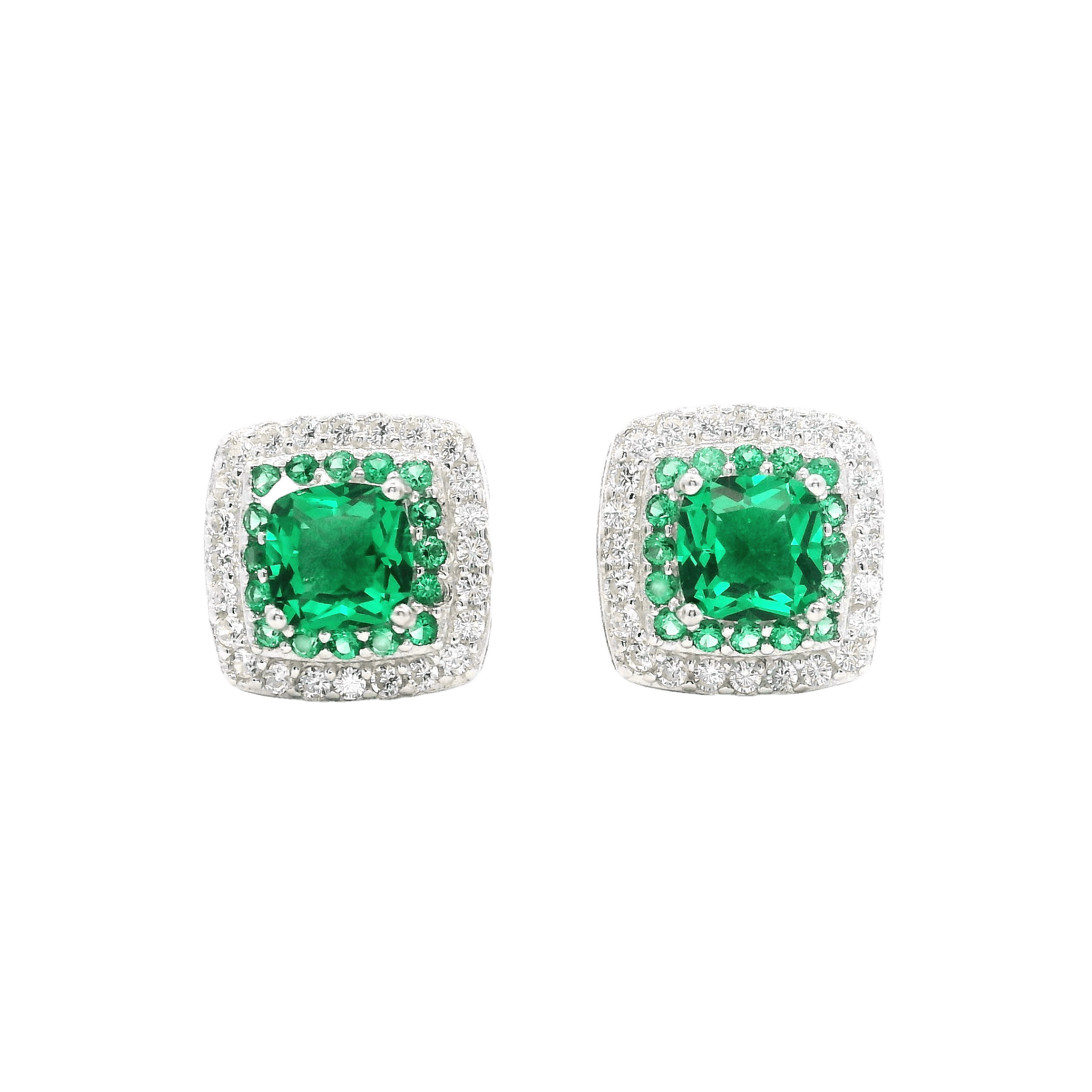 925SL SQUARE HALO CZ GREEN STUD EARRINGS - C'SANTOS