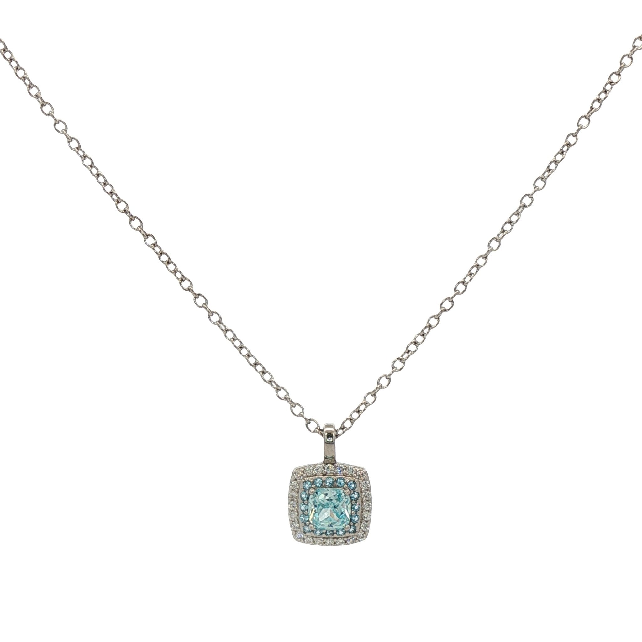 925SL SQUARE HALO CZ SKY BLUE NECKLACE - C'SANTOS