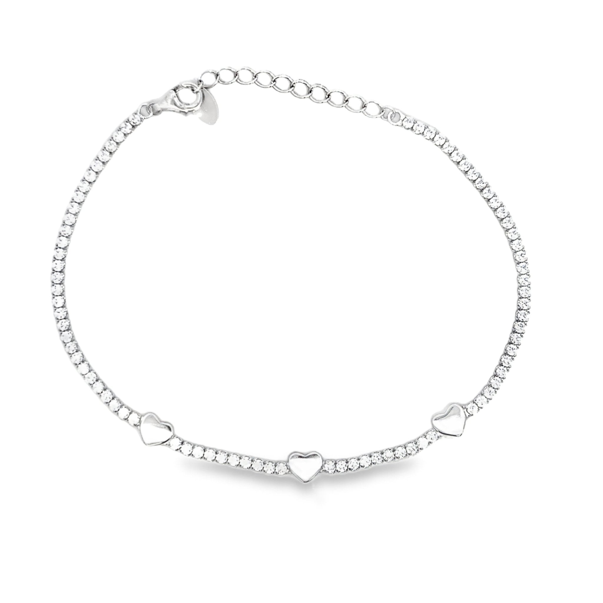 925SL TENNIS 3 HEARTS WHITE CZ BRACELET - C'SANTOS