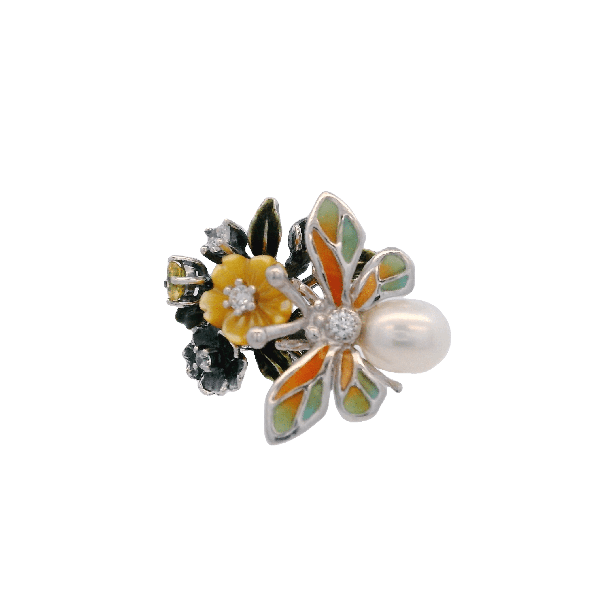 925SL TRIPLE FLOWER AND BEE PEARL PENDANT - C'SANTOS