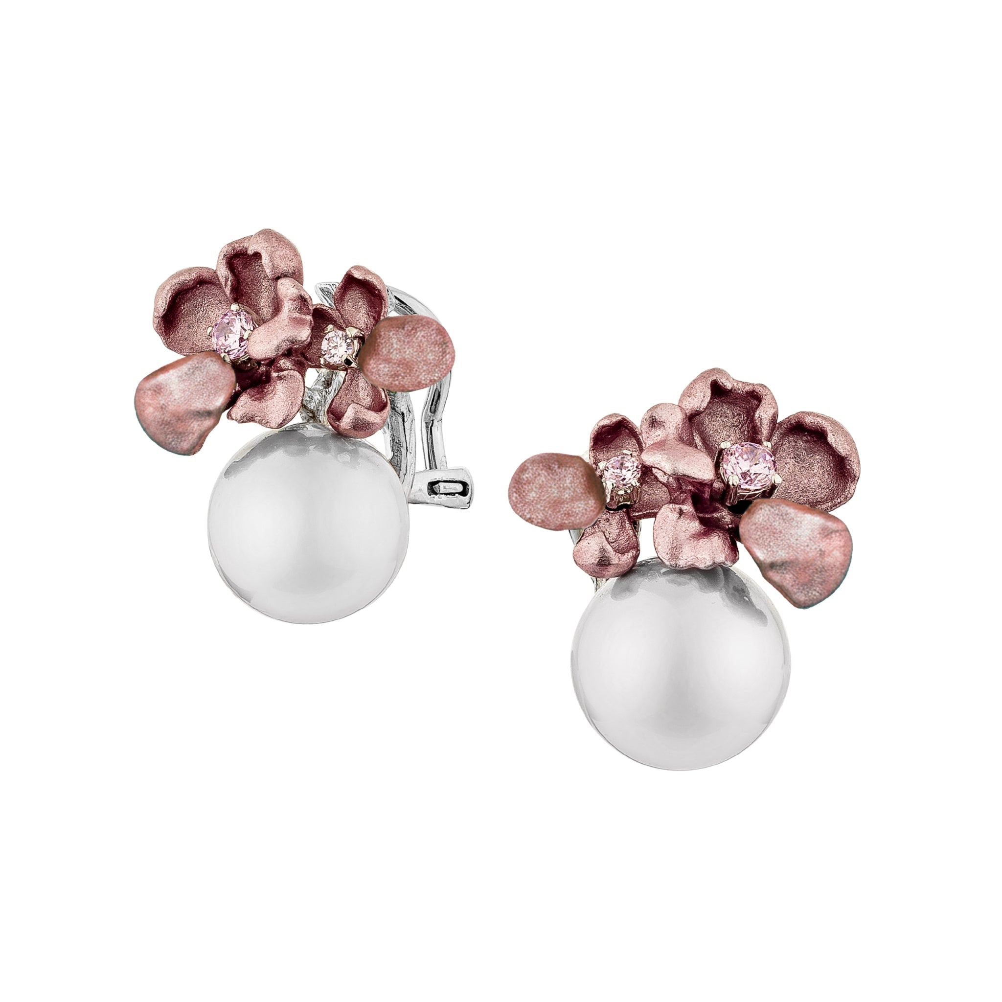 925SL TWO FLOWER ALUMINIUM PINK AND PEARL WHITE CZ EARRINGS - C'SANTOS