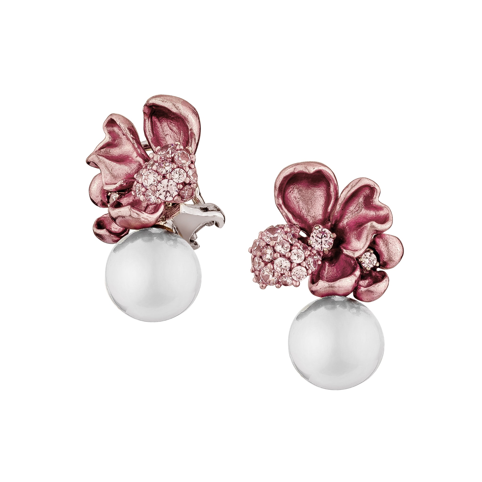 925SL TWO FLOWER ALUMINIUM PINK AND PEARL WHITE CZ EARRINGS - C'SANTOS