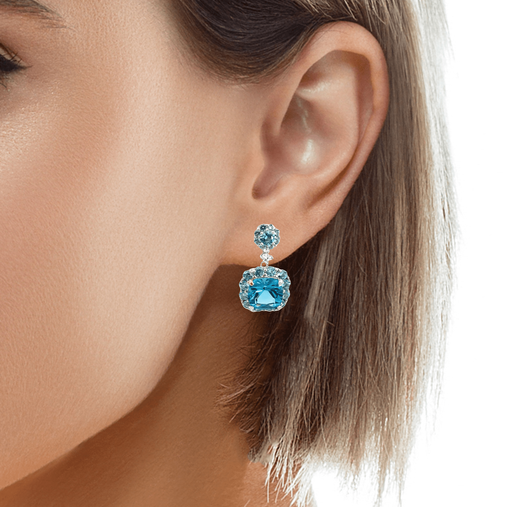 925SS MINI ROUND HANGING SQUARE SKY BLUE HALO CZ EARRINGS - C'SANTOS