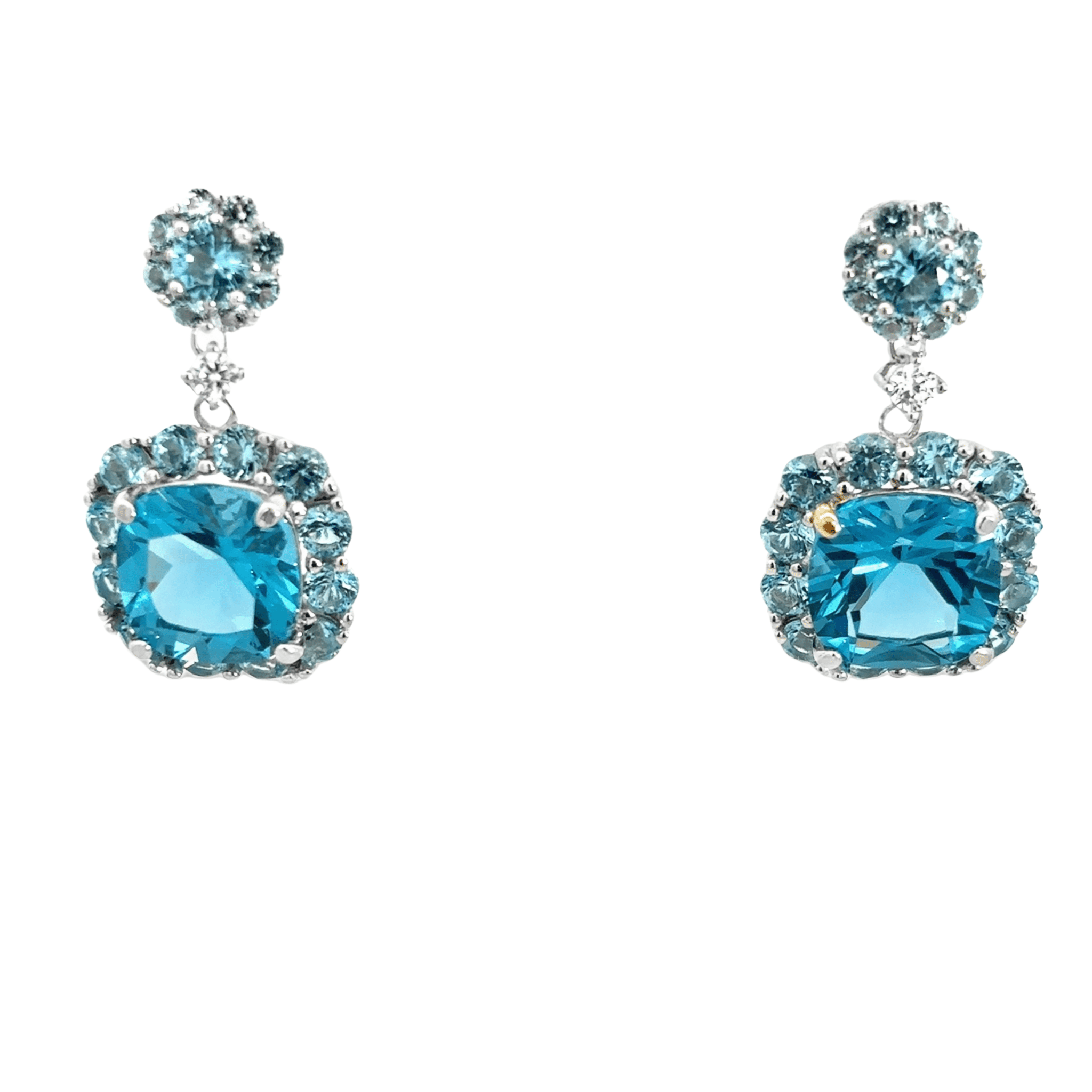 925SS MINI ROUND HANGING SQUARE SKY BLUE HALO CZ EARRINGS - C'SANTOS