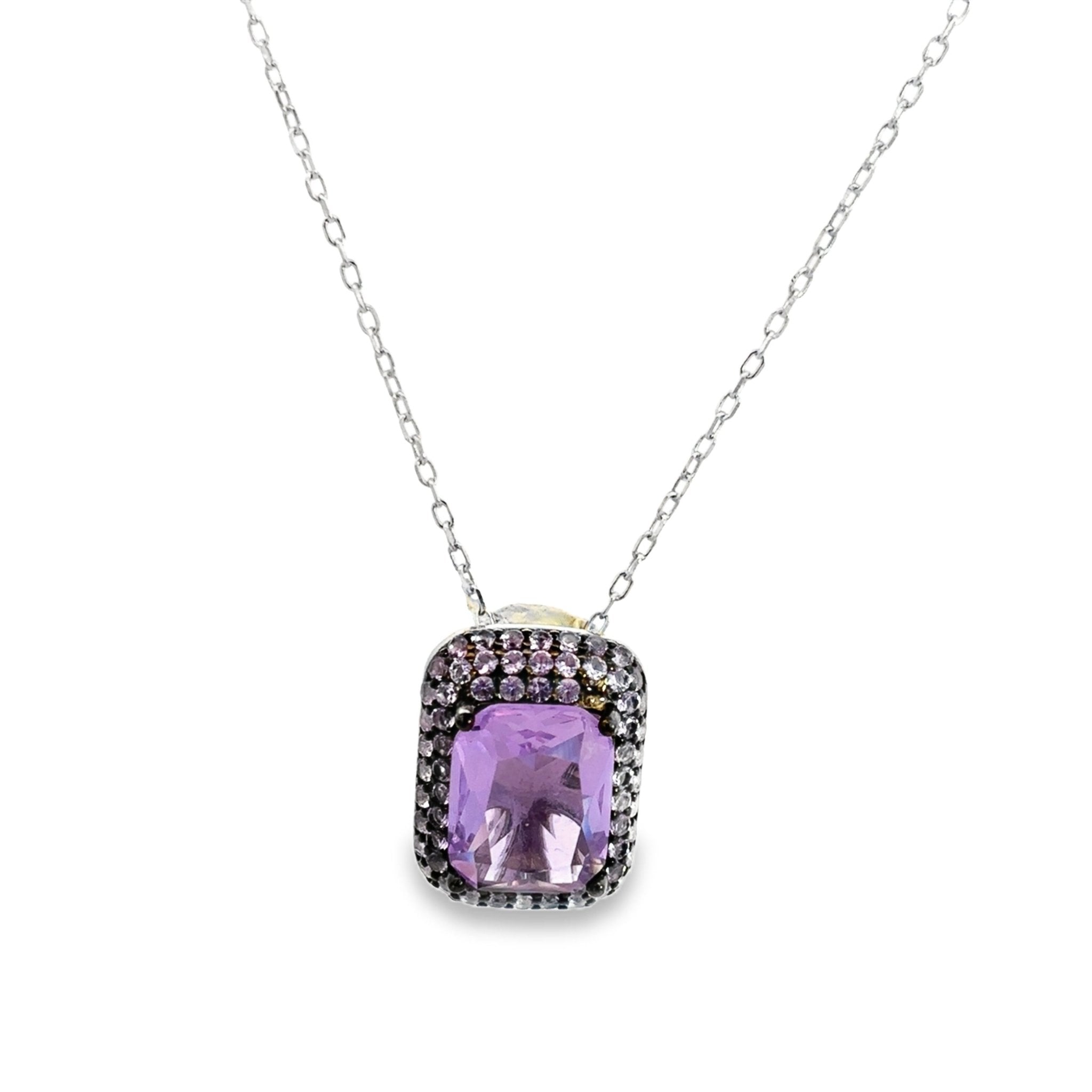 925SS RECTANGLE AND HALO PAVE PURPLE CZ NECKLACE - C'SANTOS