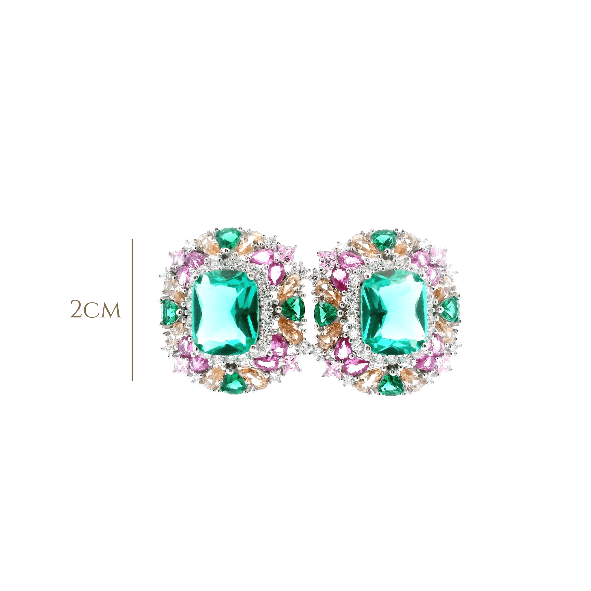 925SS SQUARE GREEN WITH CLUSTER MULTICOLOR CZ EARRINGS - C'SANTOS