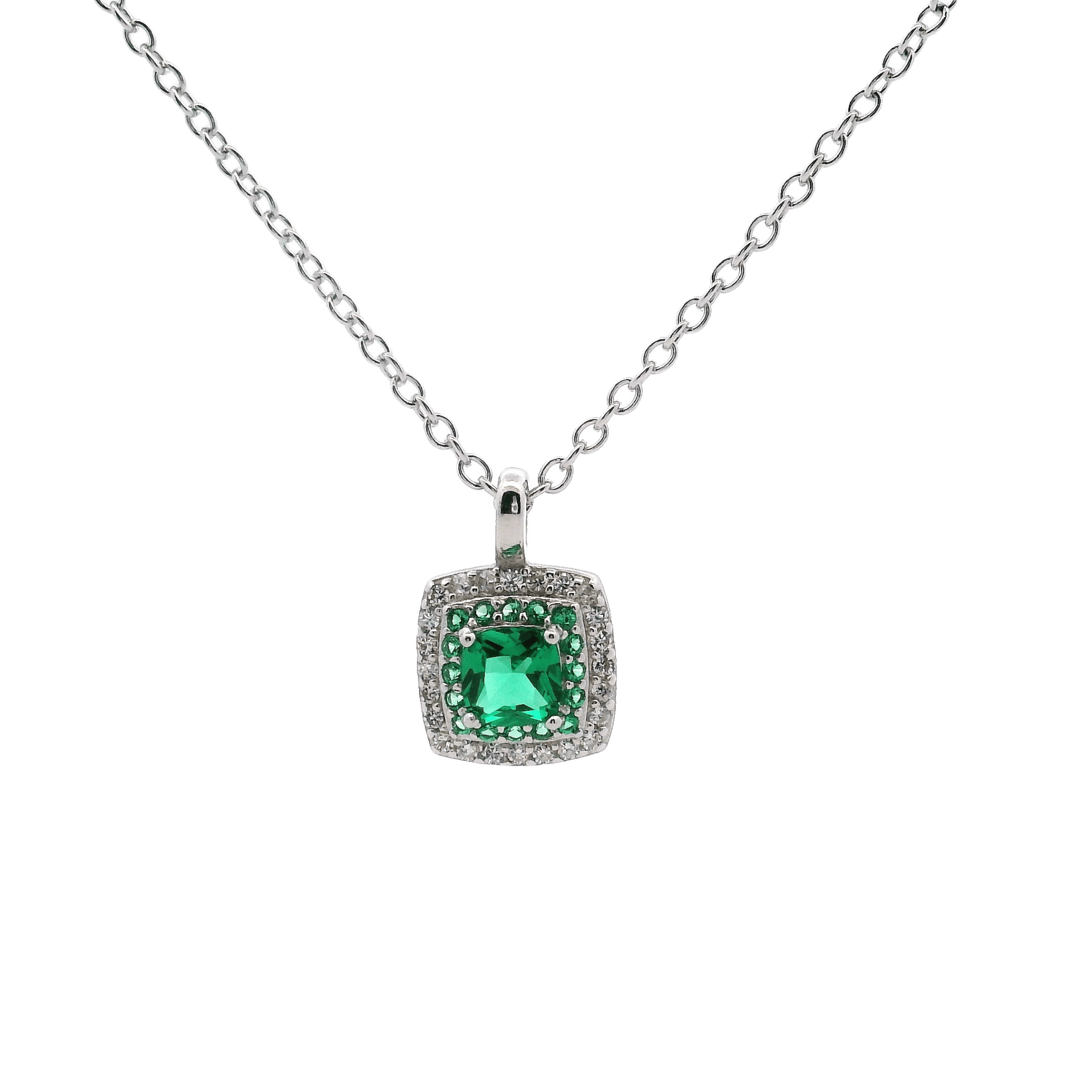 925SS SQUARE HALO CZ GREEN STUD NECKLACE - C'SANTOS