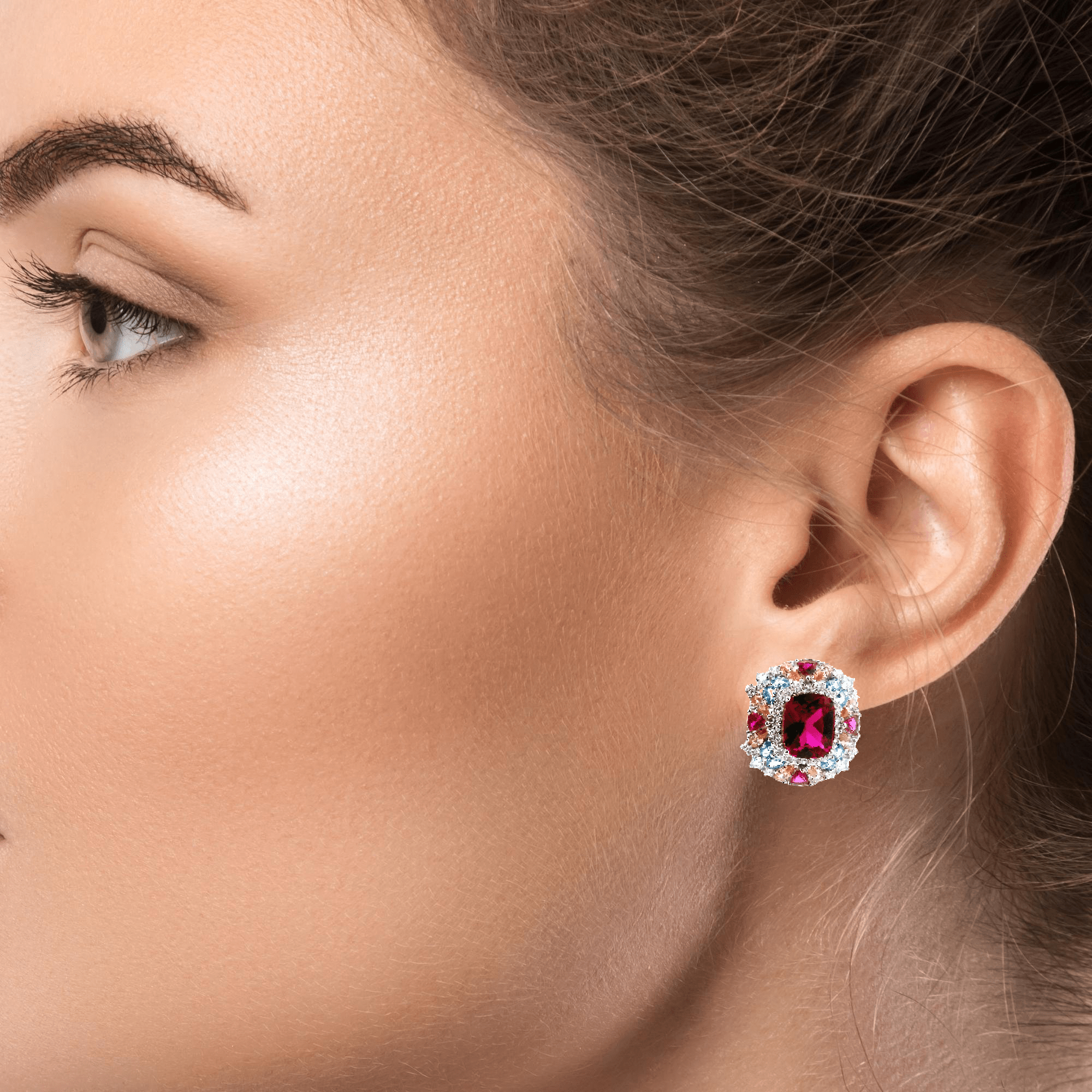 925SS SQUARE RED WITH CLUSTER MULTICOLOR CZ EARRINGS - C'SANTOS