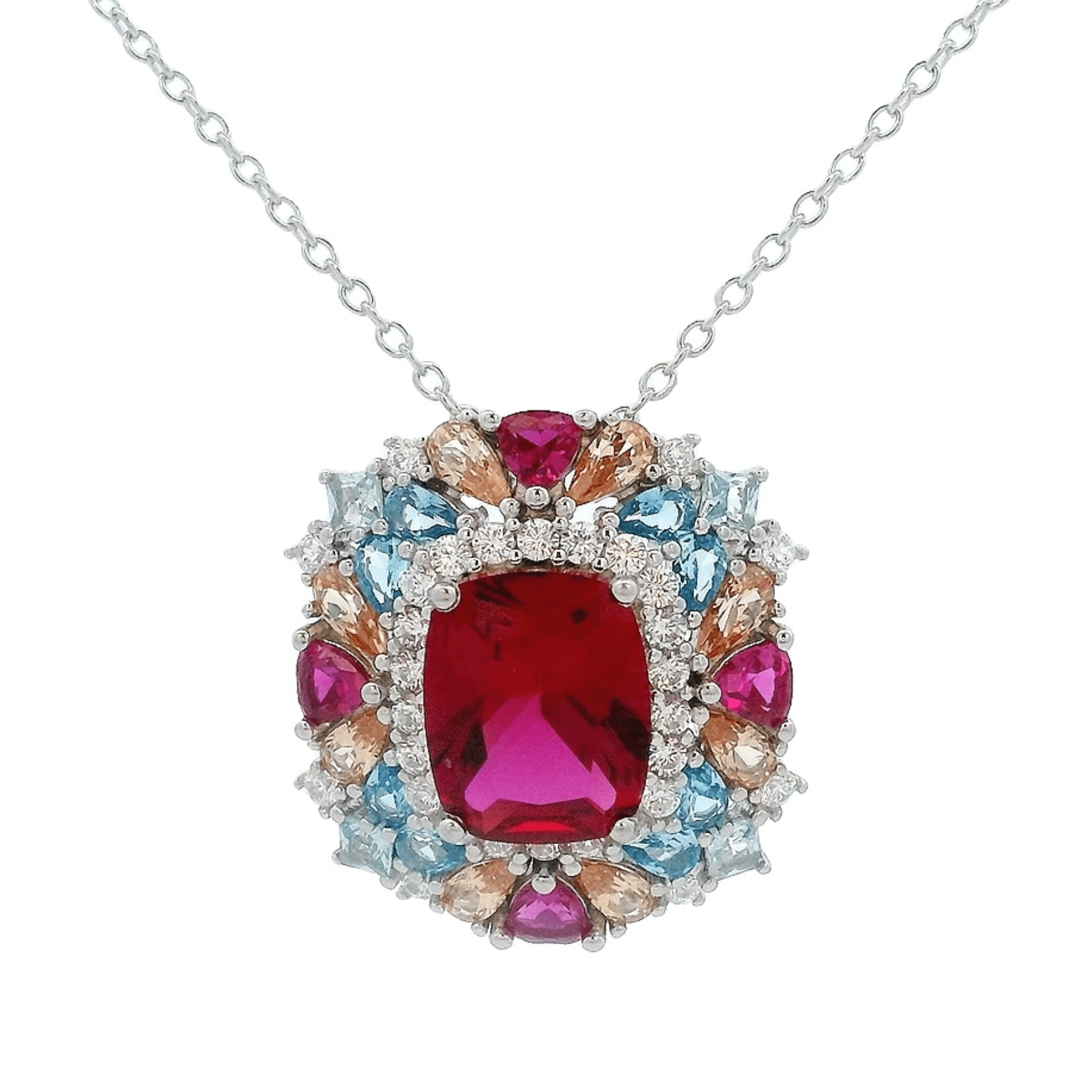 925SS SQUARE RED WITH CLUSTER MULTICOLOR CZ NECKLACE - C'SANTOS