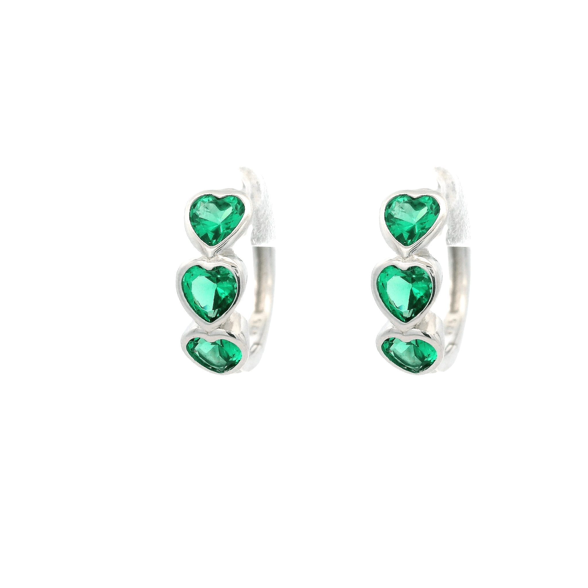 925SS TRIPLE HEART GREEN CZ HOOPS - C'SANTOS