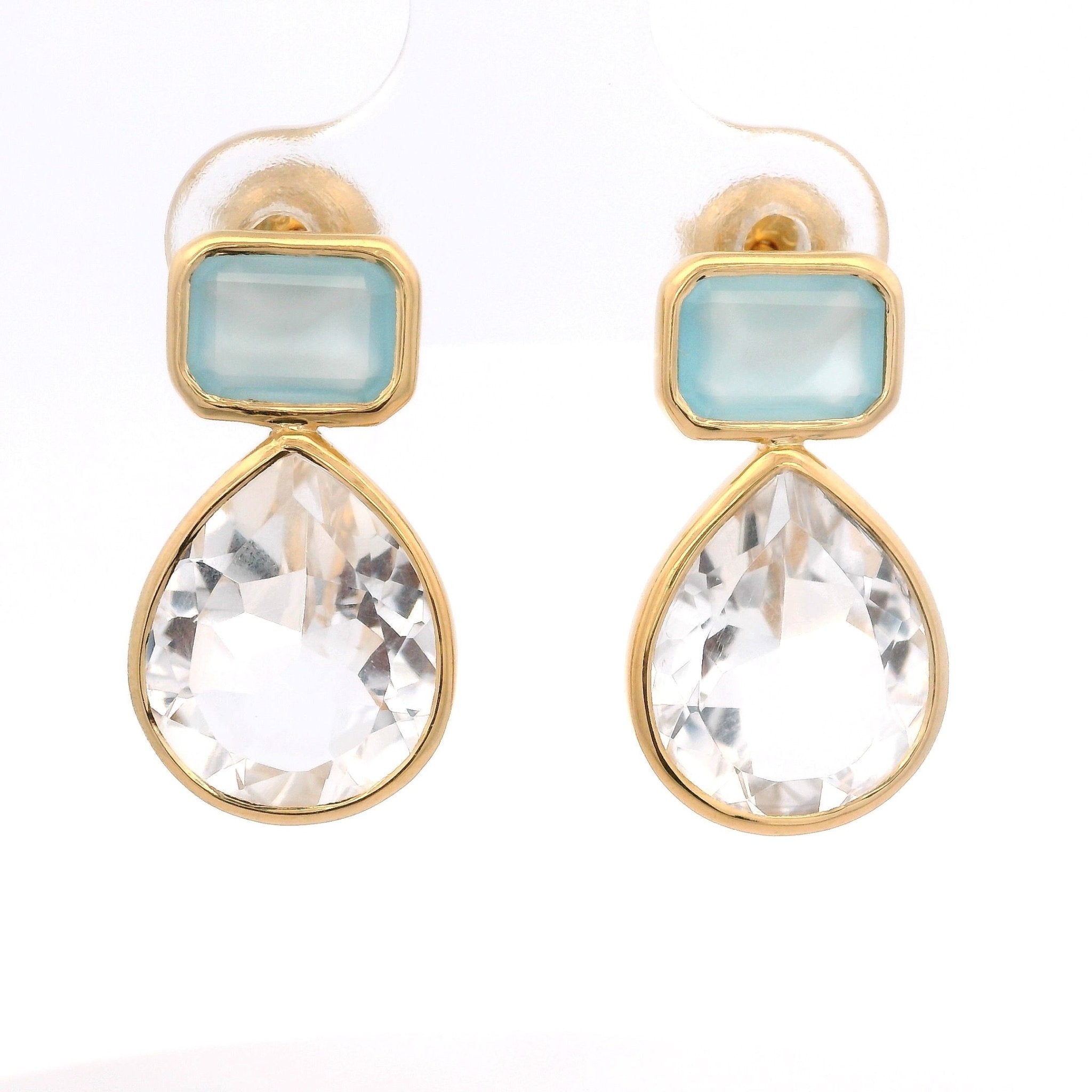 925YG BAGUETE CHALCEDONY DROP ROCK CRYSTAL EARRINGS - C'SANTOS