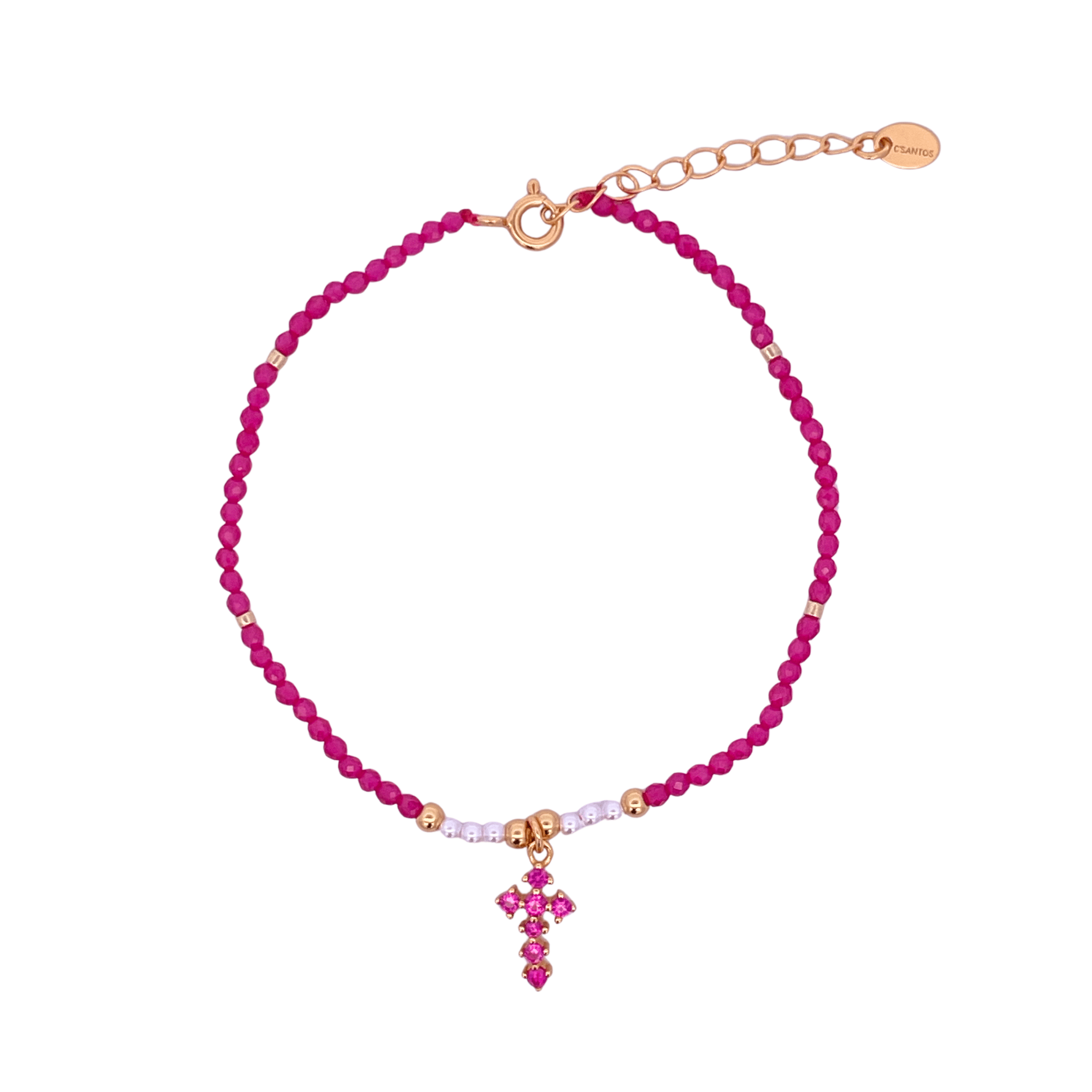 925YG BEANDS WITH CROSS BRACELET RUBY - C'SANTOS
