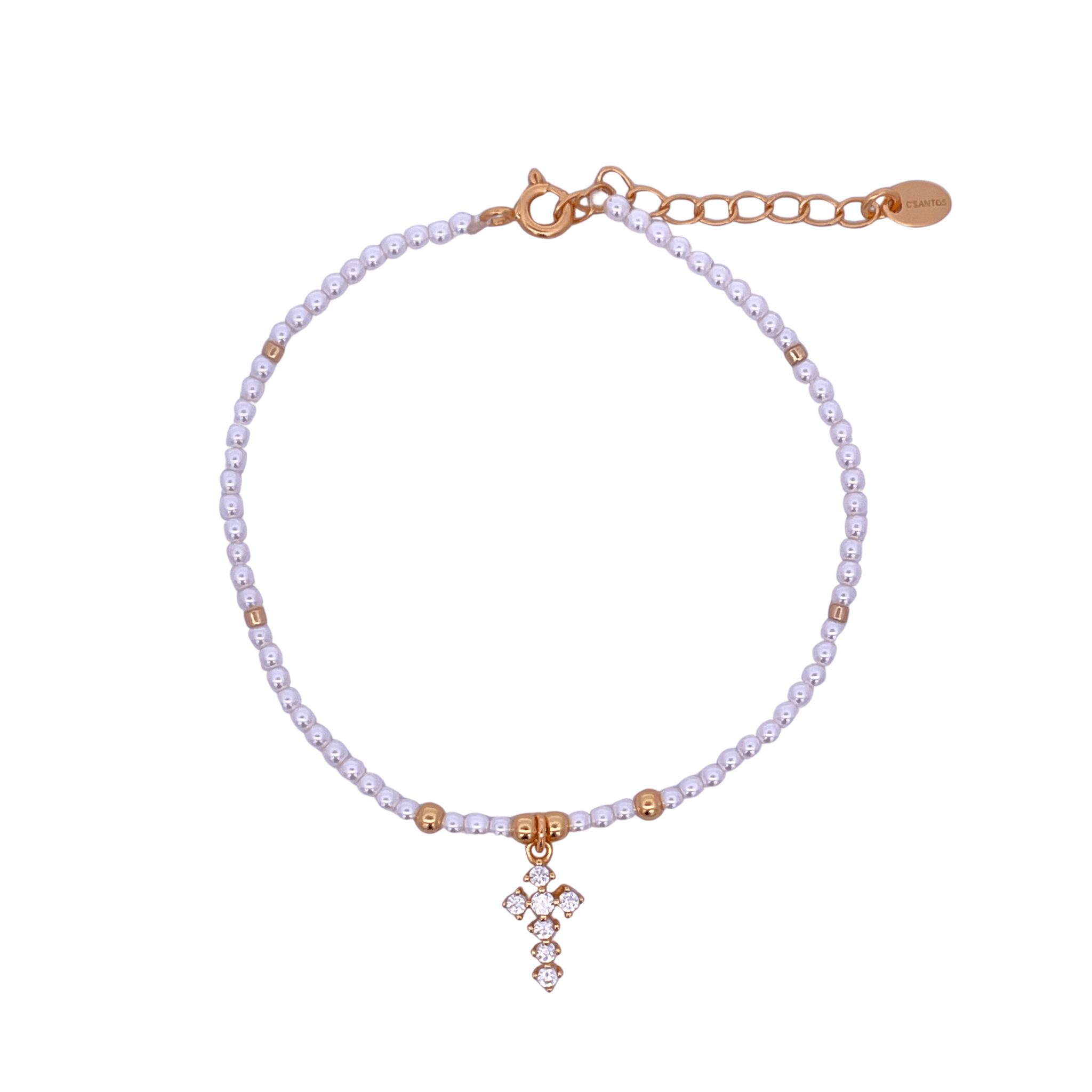 925YG BEANDS WITH CROSS BRACELET SYN PEARL - C'SANTOS