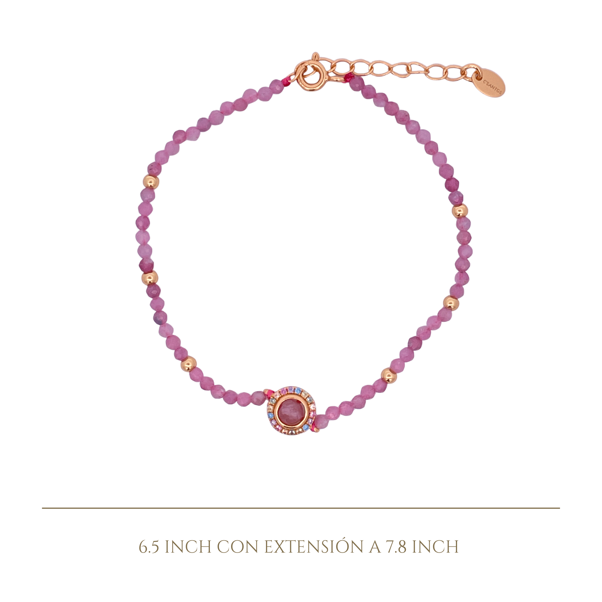 925YG BEANDS WITH SOLITARY HALO BRACELET ROSE QUARTZ - C'SANTOS