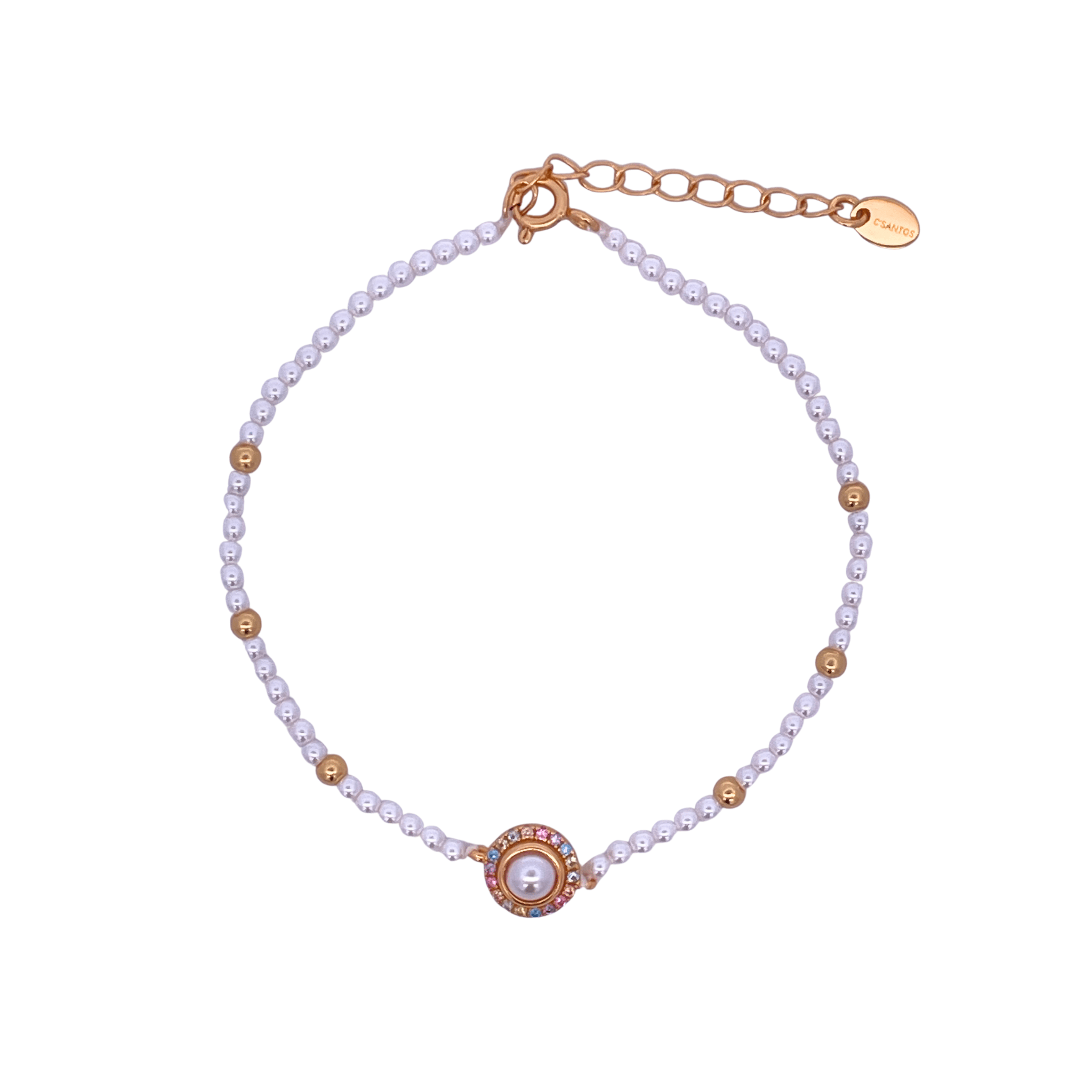 925YG BEANDS WITH SOLITARY HALO BRACELET SYN PEARL - C'SANTOS