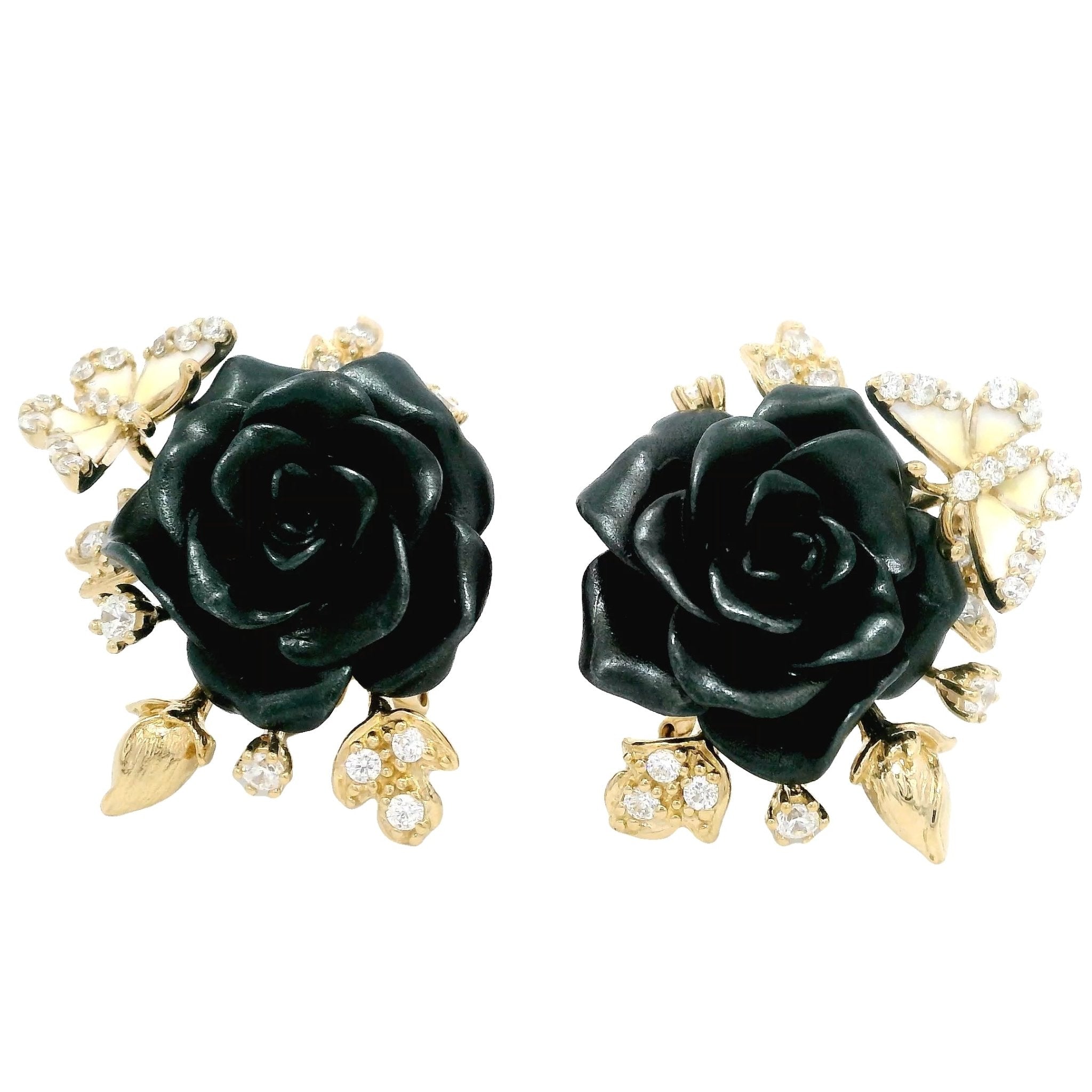 925YG BIG FLOWER BLACK AND BUTTERFLY ENAMEL WHITE EARRINGS - C'SANTOS