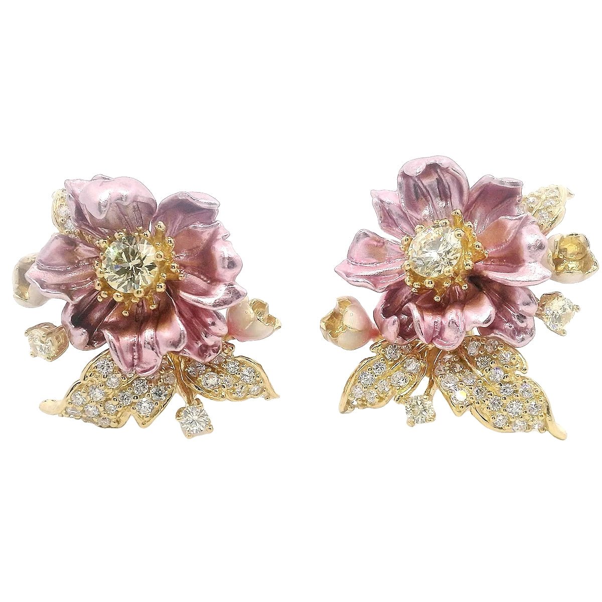 925YG BIG FLOWER PINK AN CZ EARRINGS - C'SANTOS