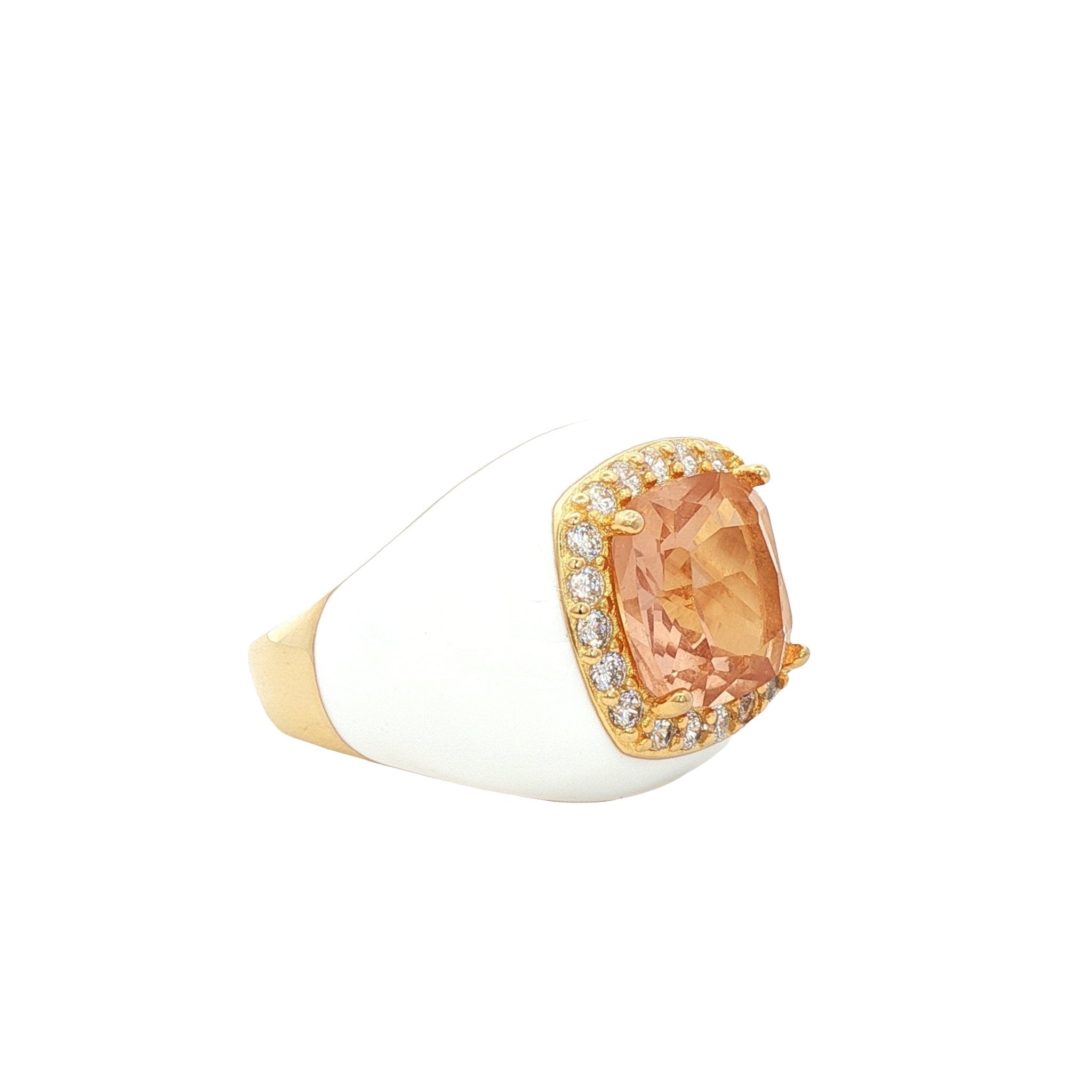 925YG BIG SQUARE ENAMEL WHITE AND PINK CZ RING - C'SANTOS