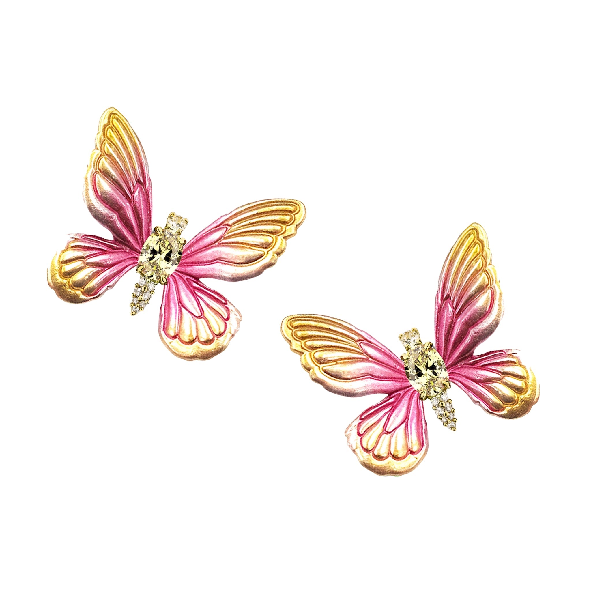 925YG BUTTERFLY ALUMINIUM PINK YELLOW CENTER CANNARY PINK CZ EARRINGS - C'SANTOS