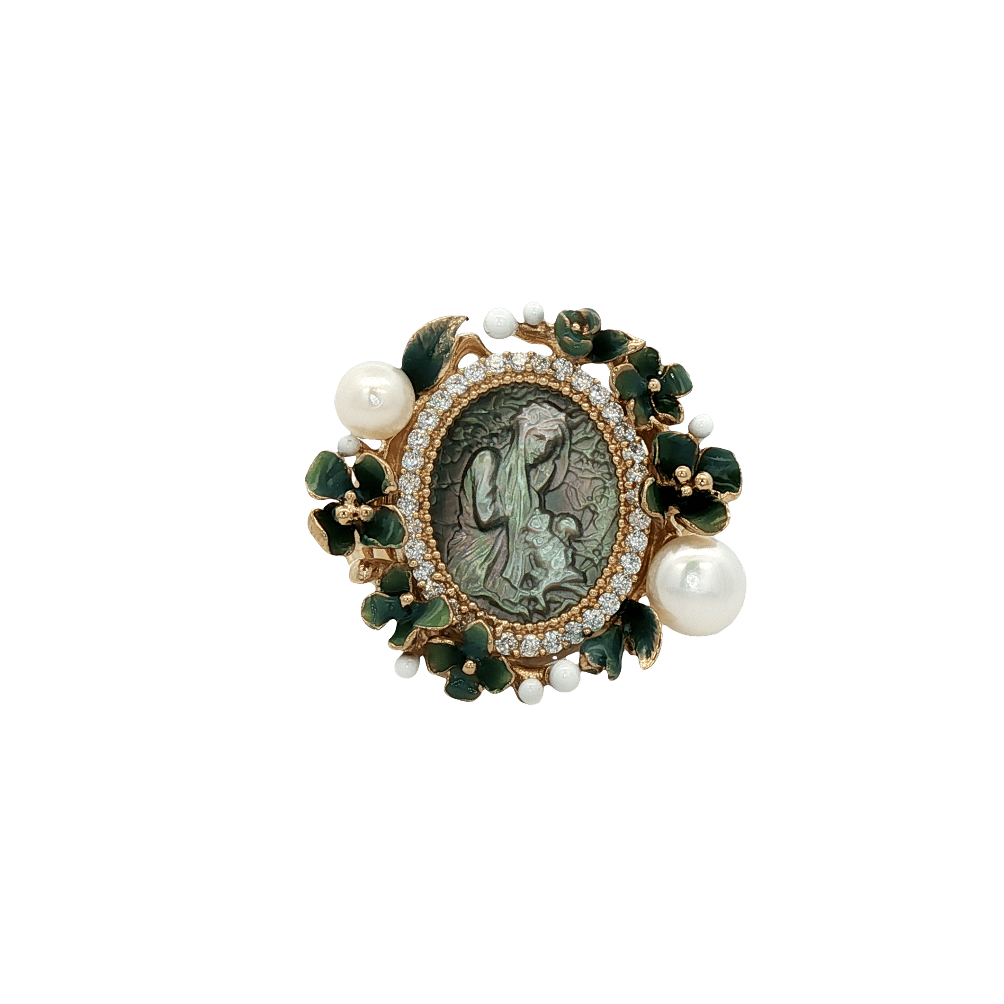 925YG CAMEO CZ AND MINI FLOWER ENAMEL GREEN RING T7 - C'SANTOS