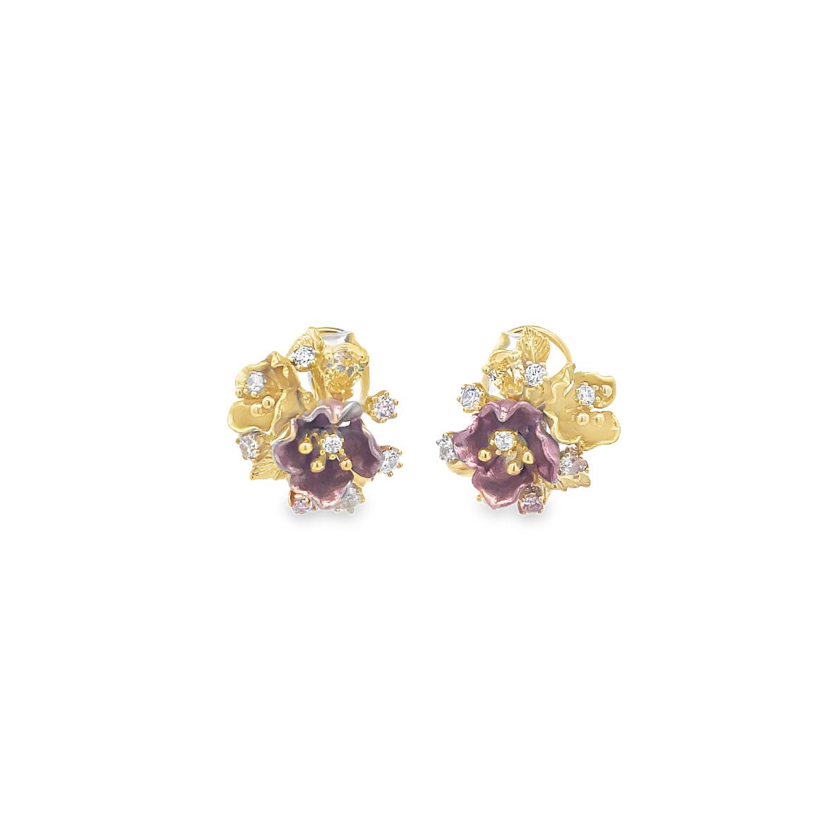 925YG CARVED FLOWER PINK YELLOW AND CRYSTAL EARRINGS - C'SANTOS