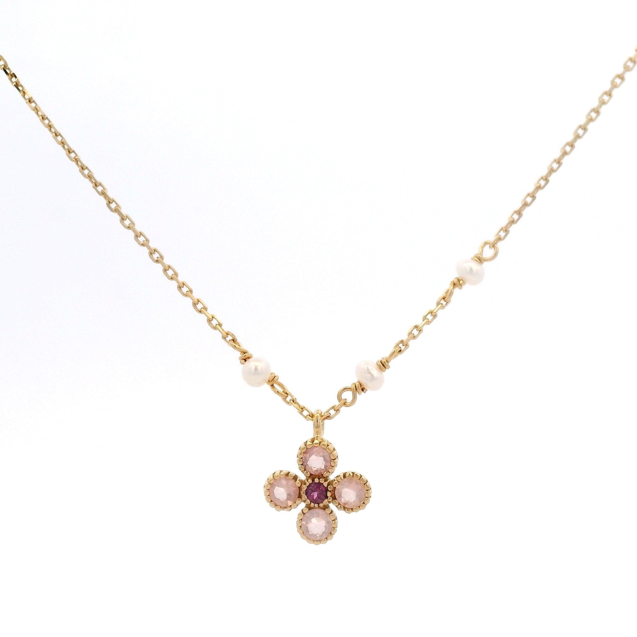 925YG CLOVER ROSE QUARTZ AND PEARL NECKLACE - C'SANTOS