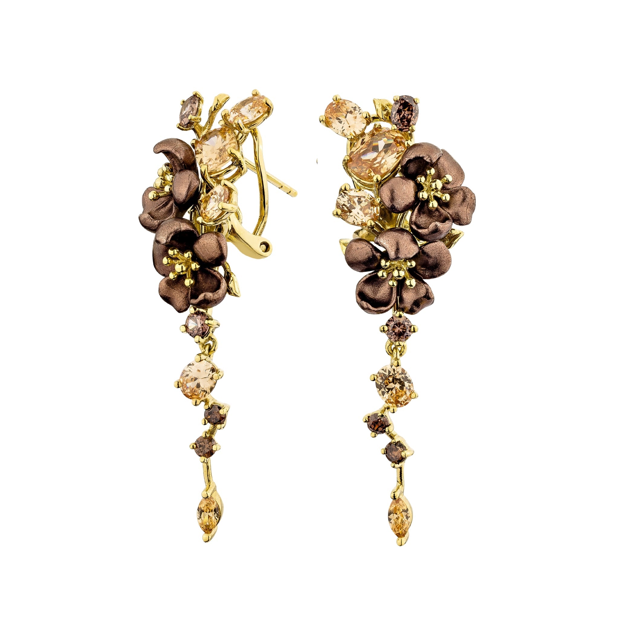 925YG CLUSTER DROP FLOWERS ALUMINIUM BROWN CHAMPANGE BROWN CZ EARRINGS - C'SANTOS