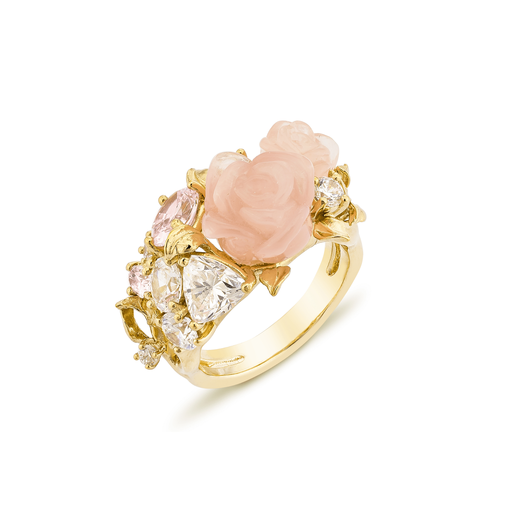 925YG CLUSTER FLOWER RESIN ROSE QUARTZ CANNARY WHITE CZ RING T6 - C'SANTOS