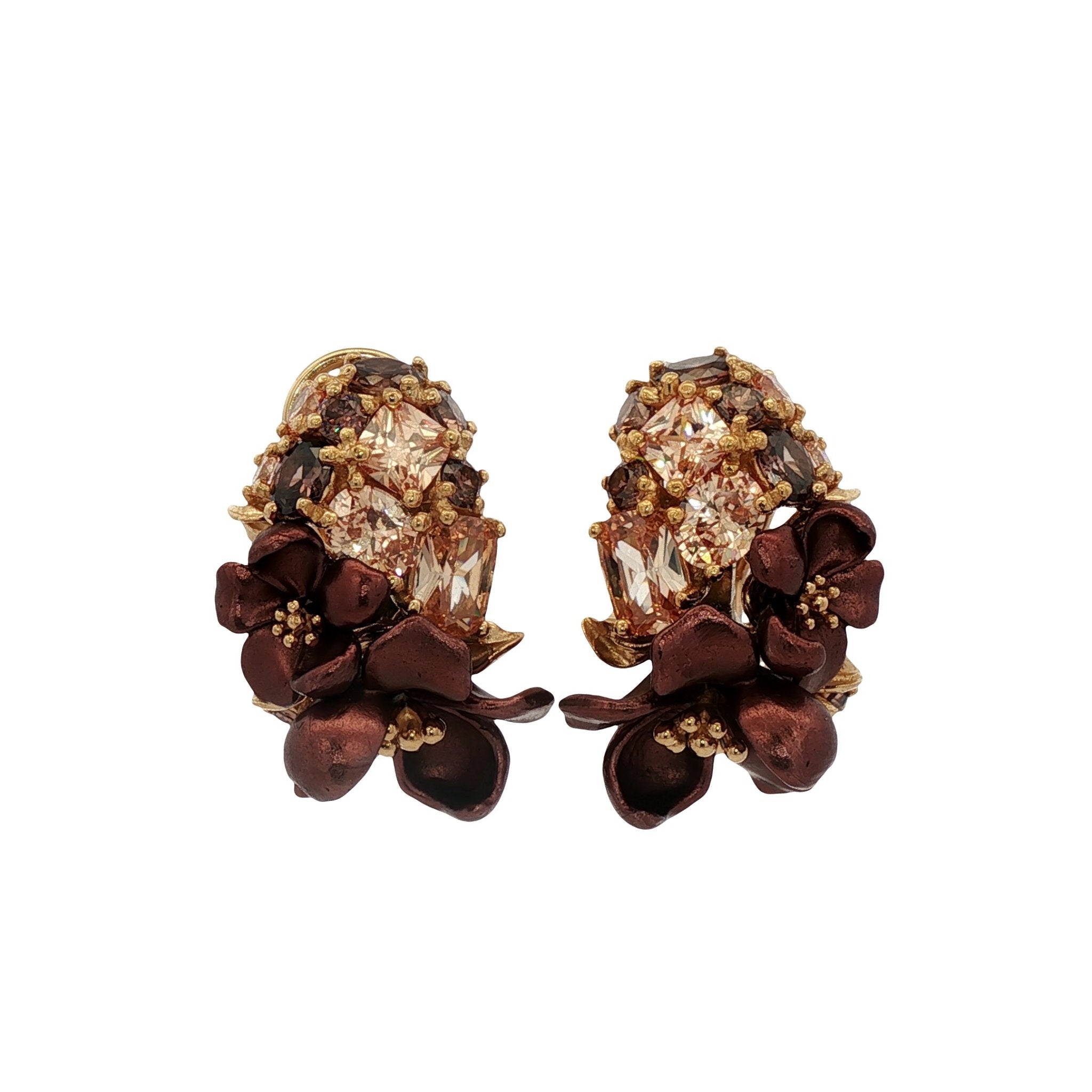 925YG CLUSTER FLOWERS ALUMINIUM BROWN CHAMPANGE BROWN CZ EARRINGS - C'SANTOS