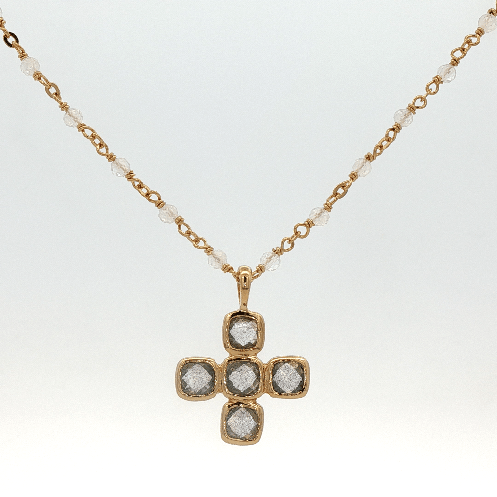 925YG CROSS LABRADORITE AND BEANDS MOOSTONE NECKLACE - C'SANTOS