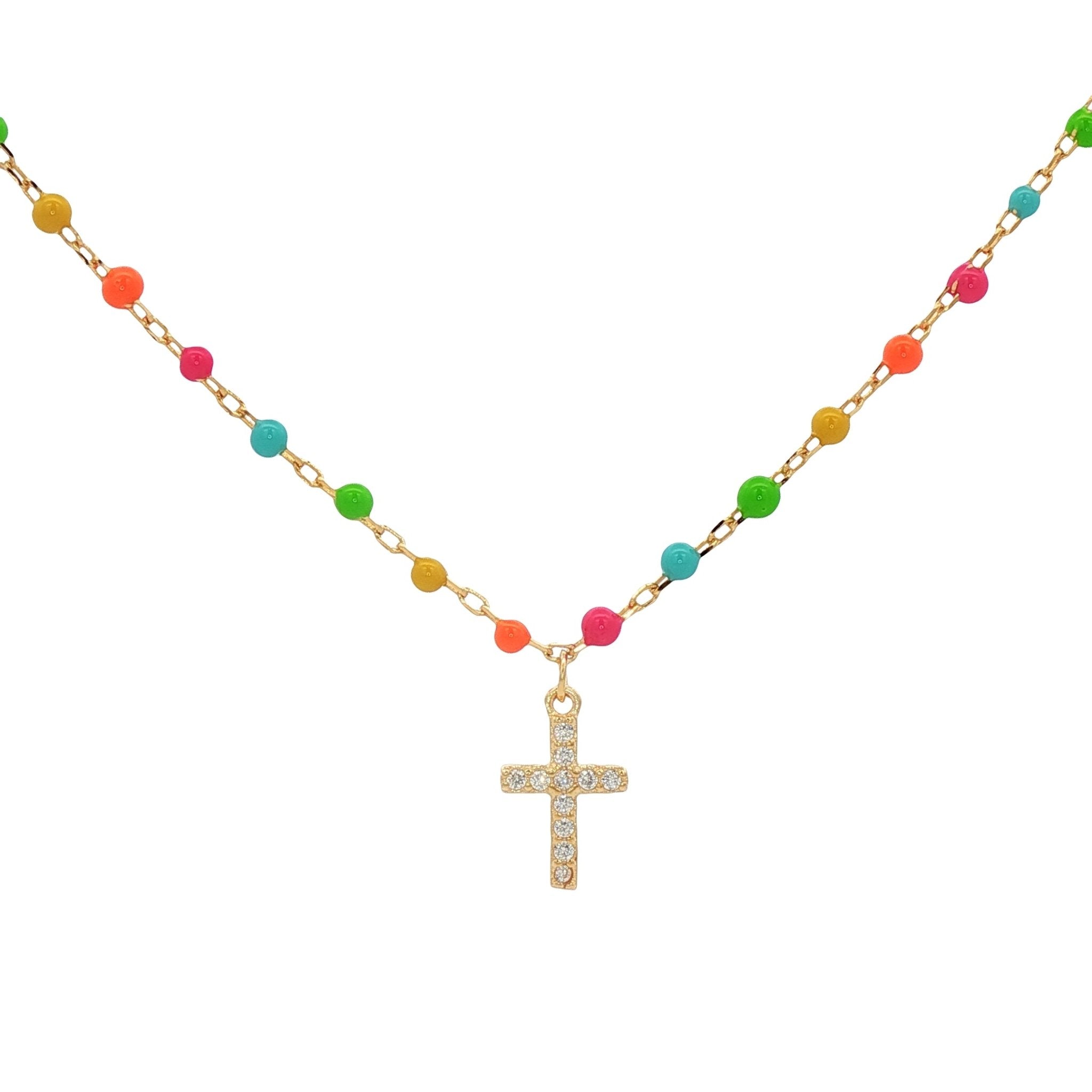 925YG CROSS PAVE CZ AND BEAND ENAMEL MIX NECKLACE - C'SANTOS