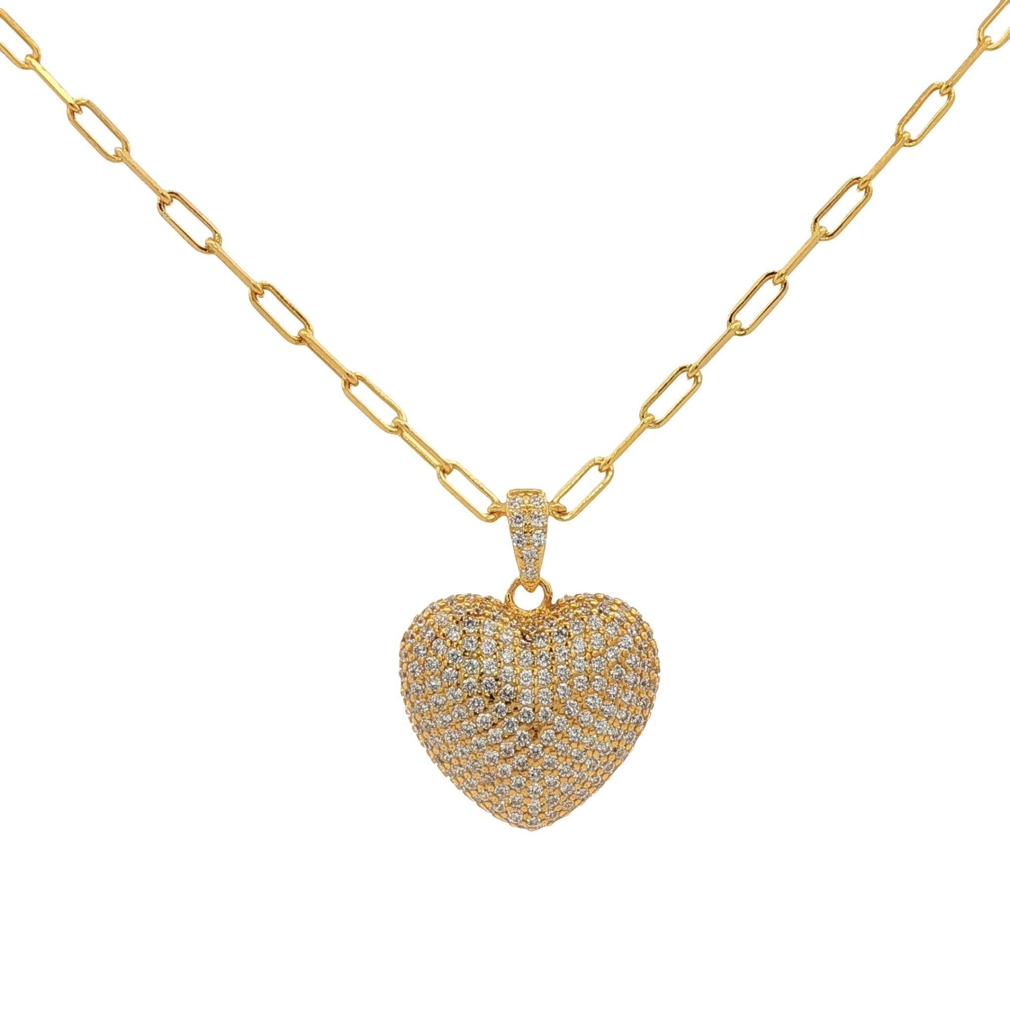 925YG DOME PAVE HEART PAPERCLIP NECKLACE - C'SANTOS