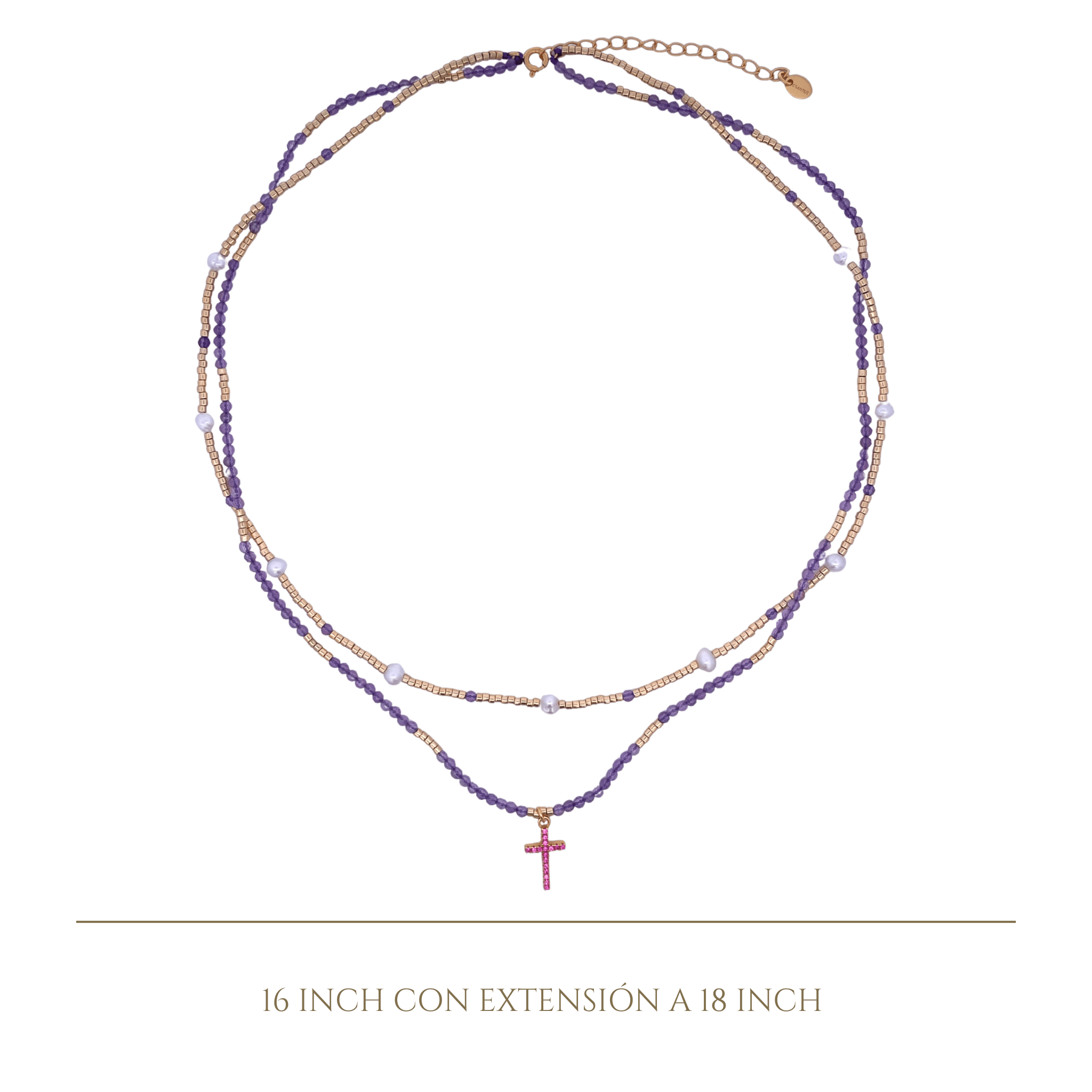 925YG DOUBLE LINE AND CROSS NECKLACE AMETHYST - C'SANTOS
