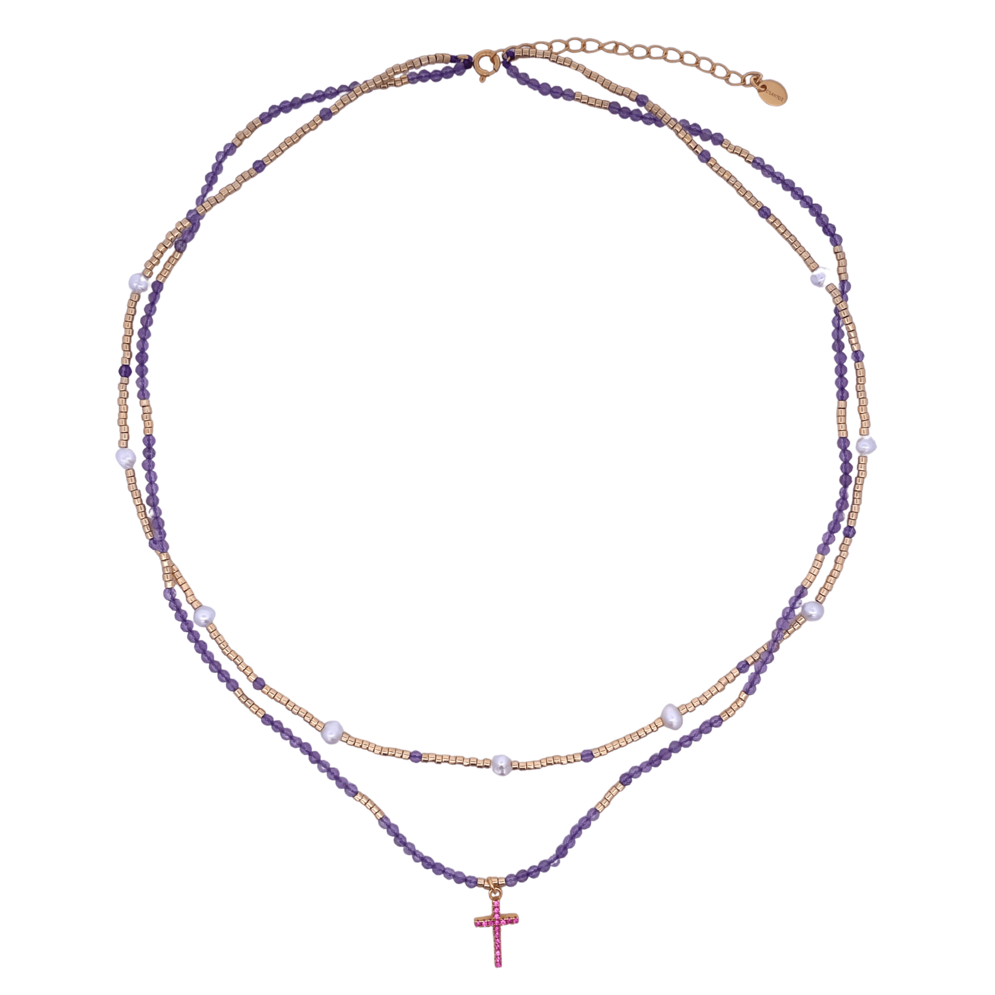 925YG DOUBLE LINE AND CROSS NECKLACE AMETHYST - C'SANTOS