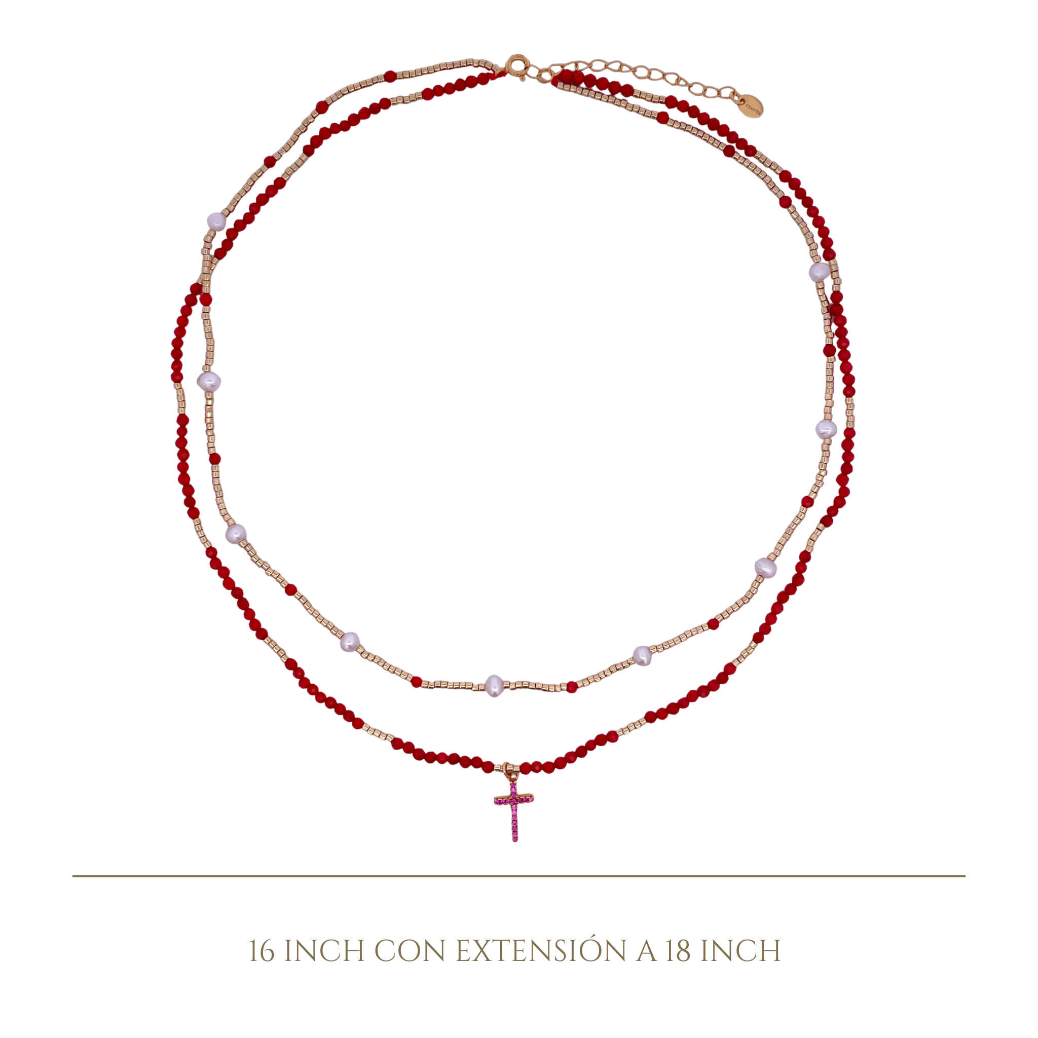 925YG DOUBLE LINE AND CROSS NECKLACE CORAL & PEARL - C'SANTOS