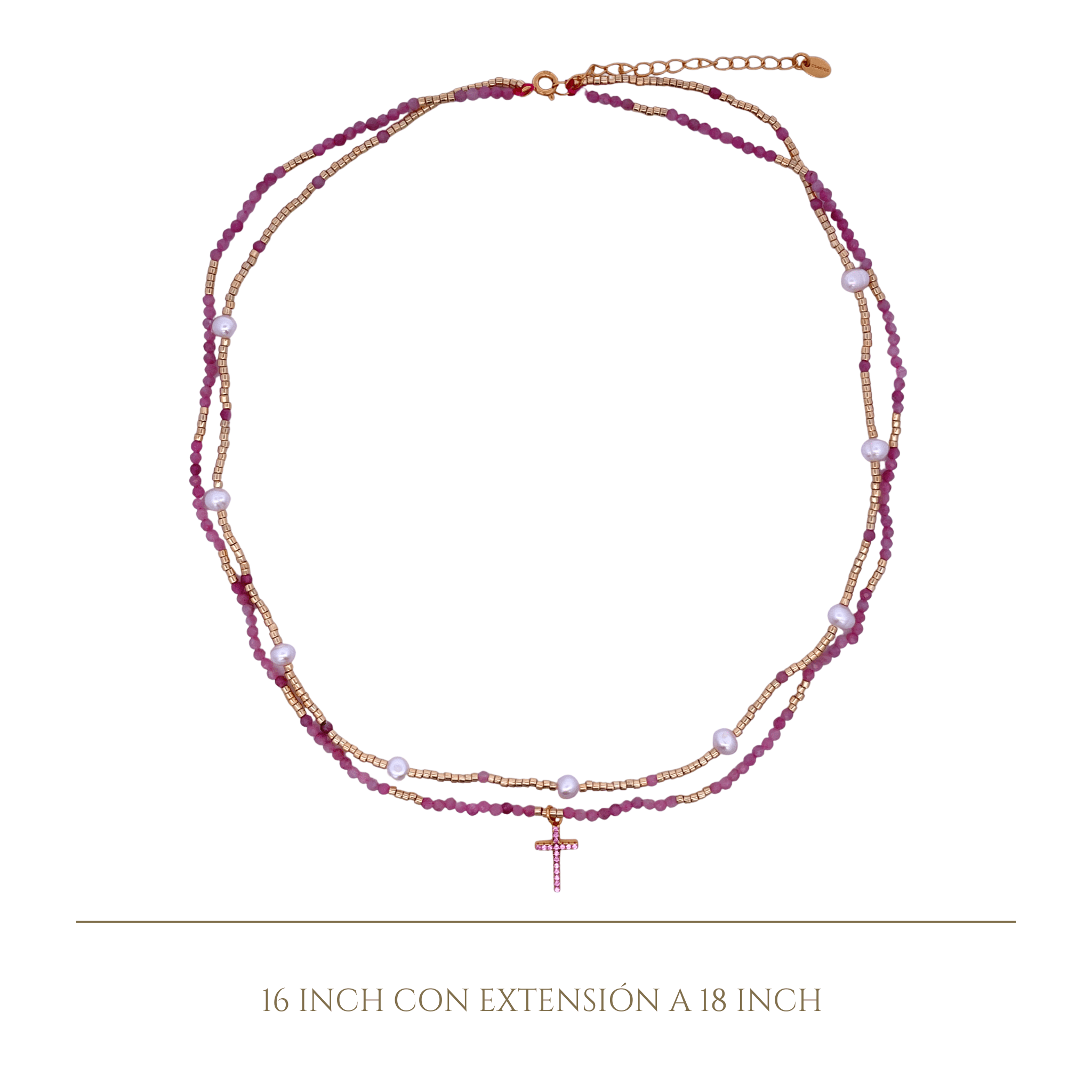 925YG DOUBLE LINE AND CROSS NECKLACE PINK TOURMALINE - C'SANTOS